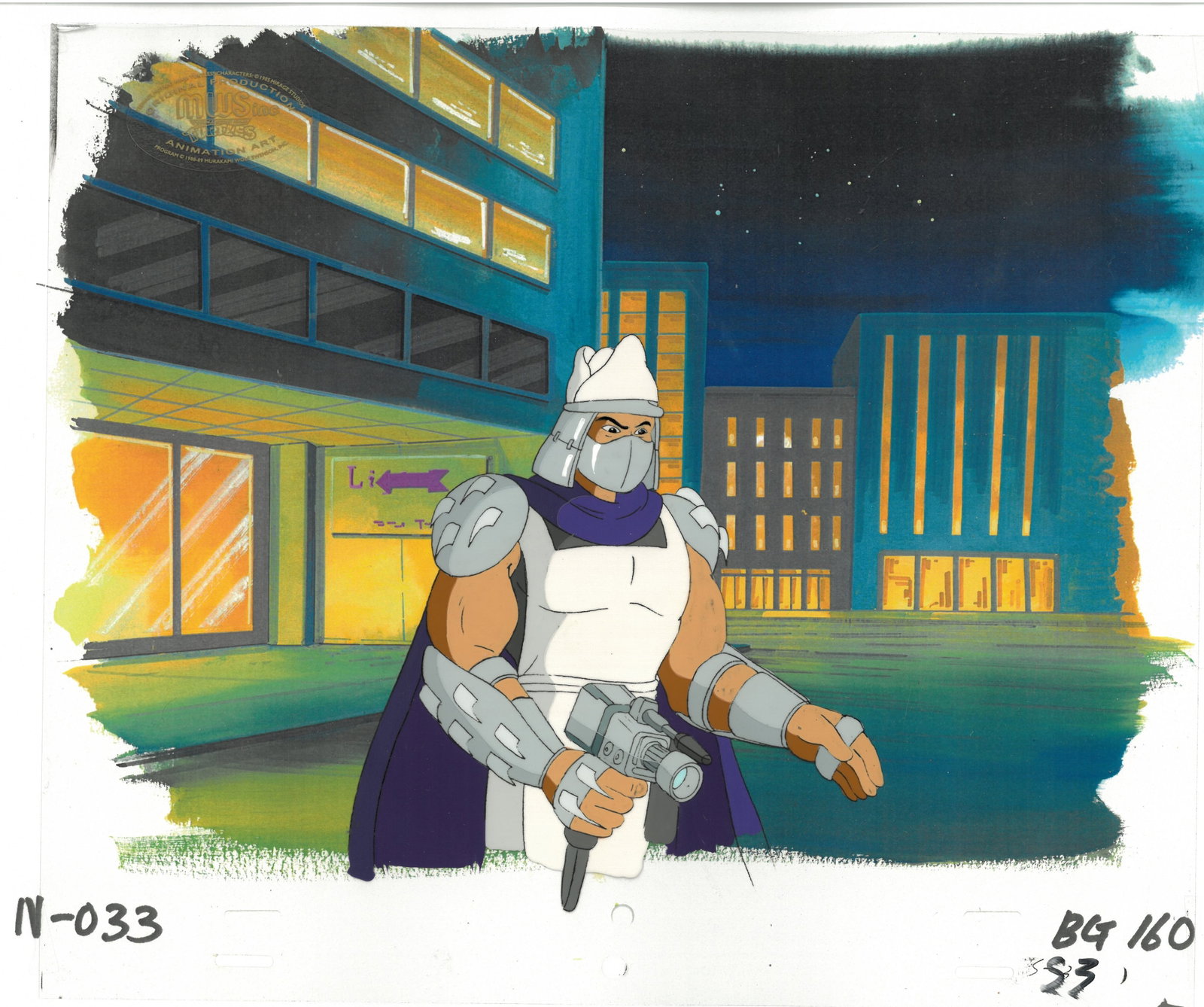 Shredder of (TMNT) Turtles- Original Production Cel with MWS Seal: An original Teenage Mutant Ninja Turtle Production Cel with MWS Seal. This cel depicts a frame from a scene in a Teenage Mutant Ninja Turtles cartoon episode. This frame features Shredder . Is produce