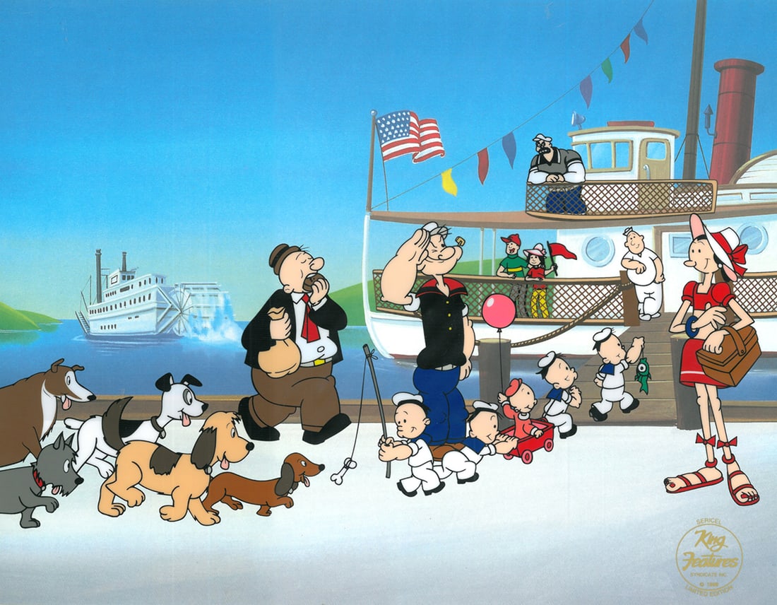 Popeye and Gang - Tallstacks Sericel: A King Features Limited Edition Sericel entitled "Tallstacks ." Come aboard with Popeye, Brutus, Olive Oyl, Wimpy and Nephews as they emabark on a boating adventure! This limited edition is numbered o