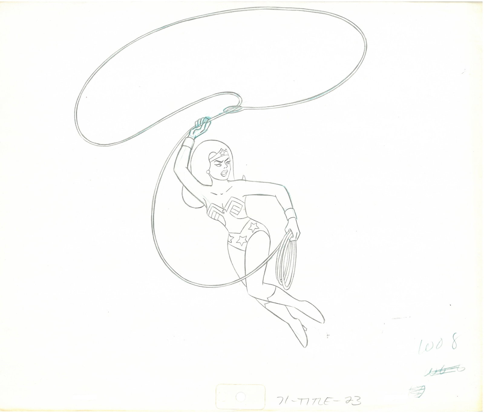 Wonder Woman- Original Production Drawing: An original production drawing of Wonder Woman. This drawing was used in the Hanna-Barbera Production of "Super Friends" animated series (1985) featuring Superman and Wonder Woman. COA