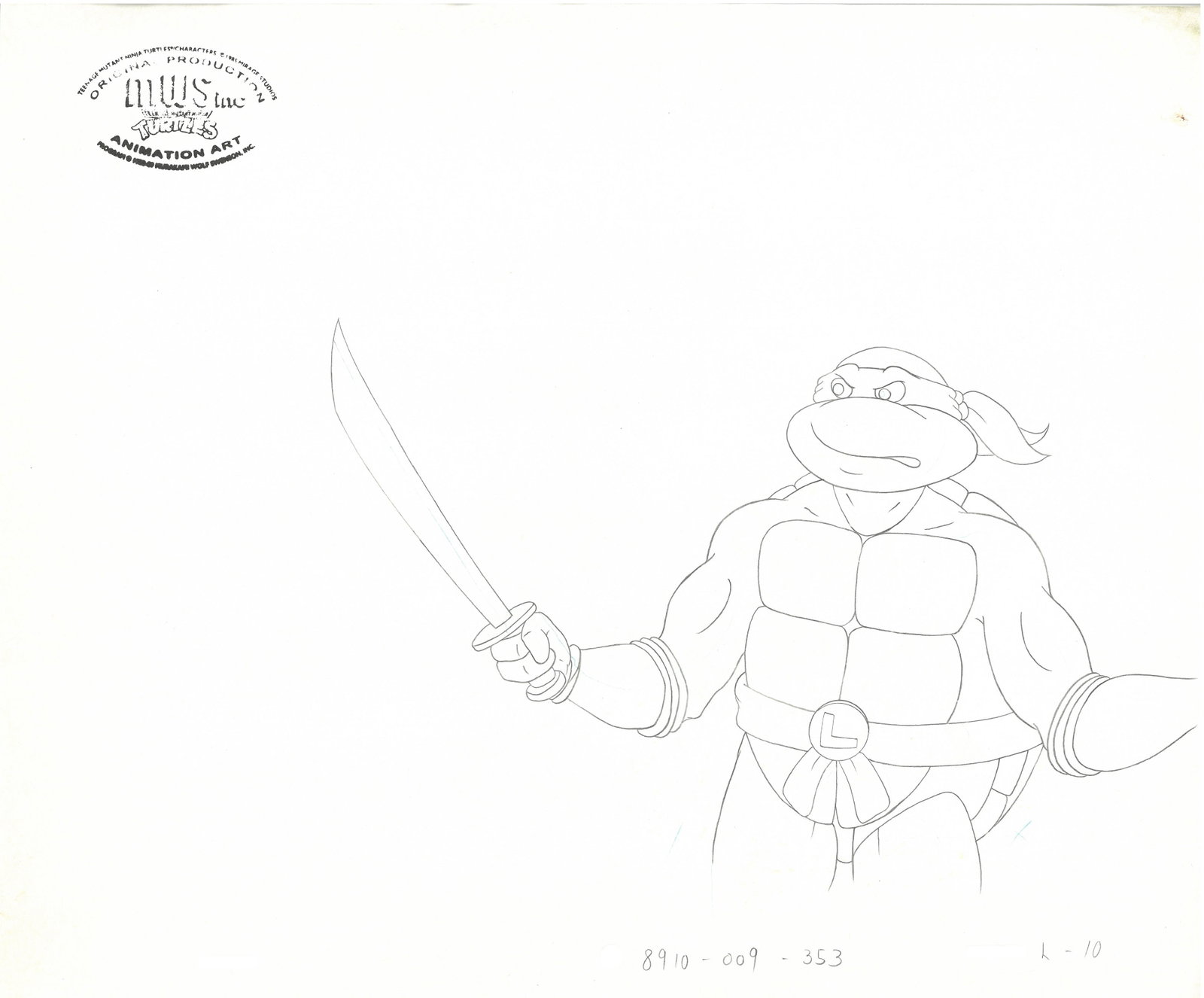 Leonardo of (TMNT) Turtles- Original Production Drawing with MWS Seal: An original Teenage Mutant Ninja Turtle Production Drawing with MWS Seal. This cel depicts a frame from a scene in a Teenage Mutant Ninja Turtles cartoon episode. This frame features Leonardo . Is pro