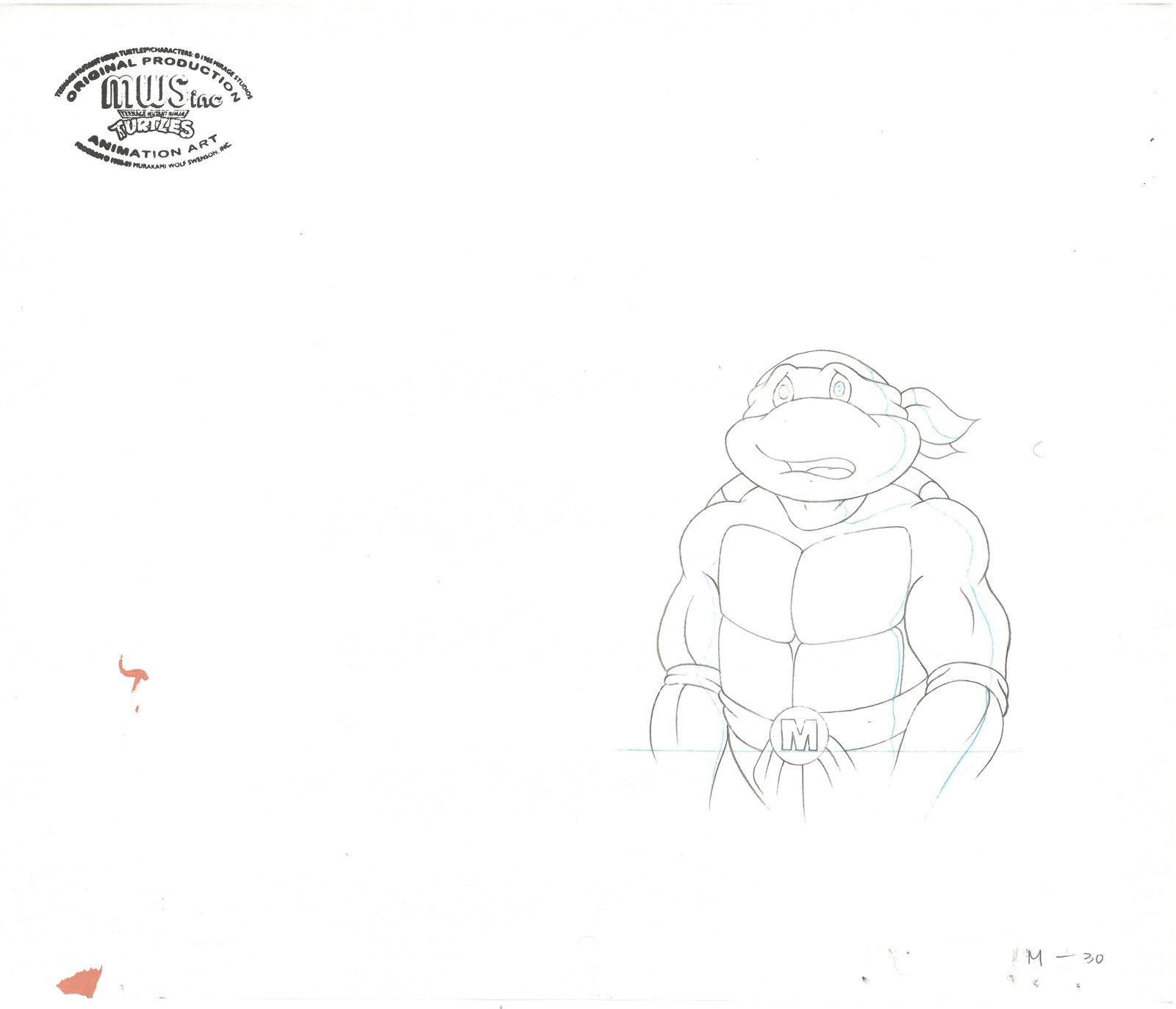 Michelangelo of (TMNT) Turtles- Original Production Drawing with MWS Seal: An original Teenage Mutant Ninja Turtle Production Drawing with MWS Seal. This cel depicts a frame from a scene in a Teenage Mutant Ninja Turtles cartoon episode. This frame features Michelangelo . Is