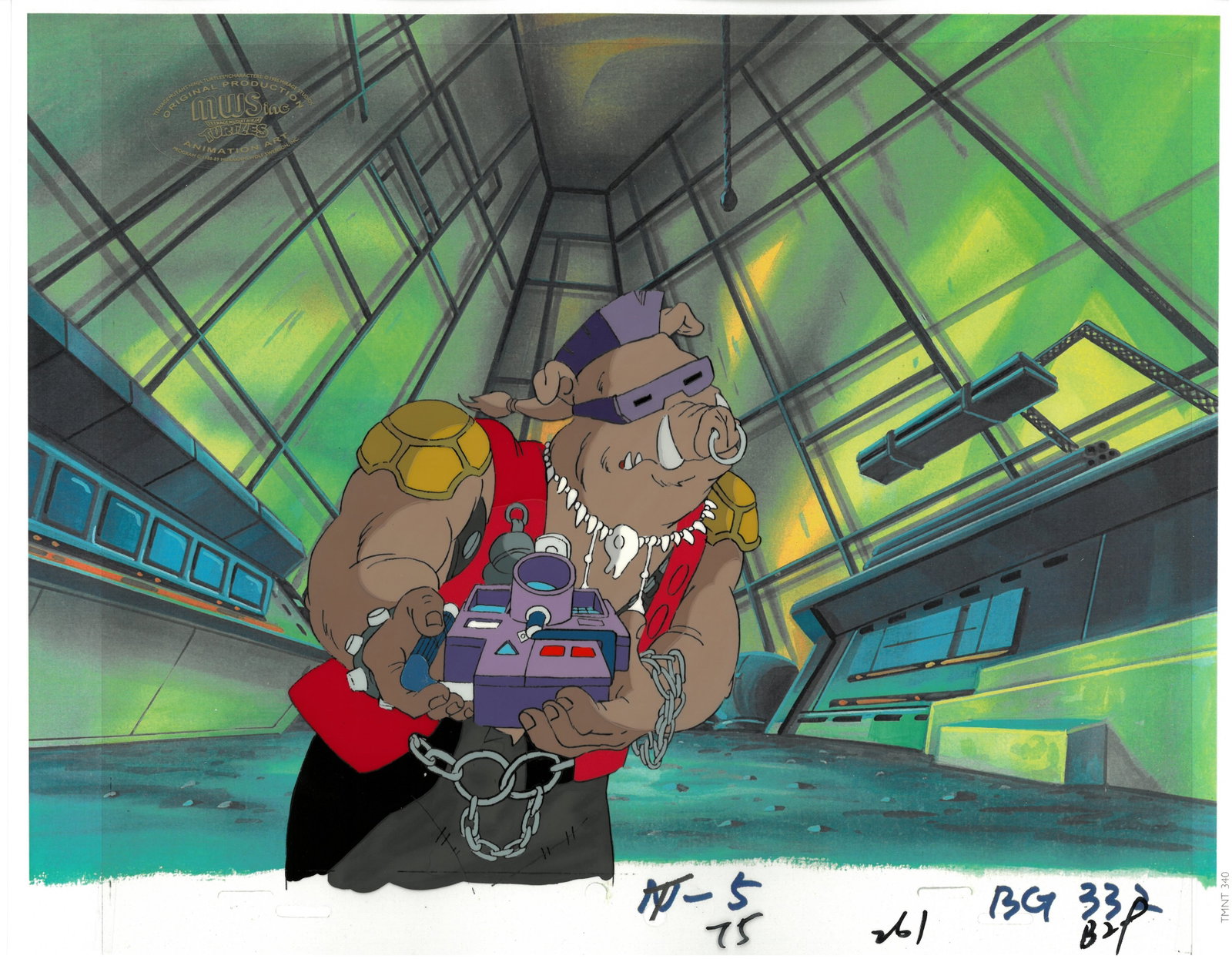 Bebop of (TMNT) Turtles- Original Production Cel with Official MWS Seal: An original Teenage Mutant Ninja Turtle production cel with official MWS Seal. This cel depicts a frame from a scene in a Teenage Mutant Ninja Turtles cartoon episode. This frame features Bebop . Is p