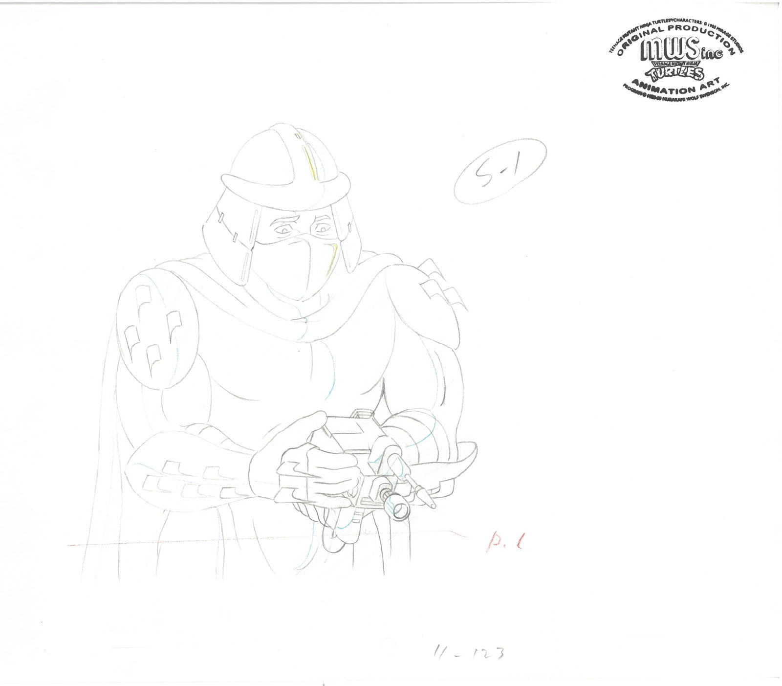 Shredder of (TMNT) Turtles- Original Production Drawing with MWS Seal: An original Teenage Mutant Ninja Turtle Production Drawing with MWS Seal. This cel depicts a frame from a scene in a Teenage Mutant Ninja Turtles cartoon episode. This frame features Shredder . Is pro