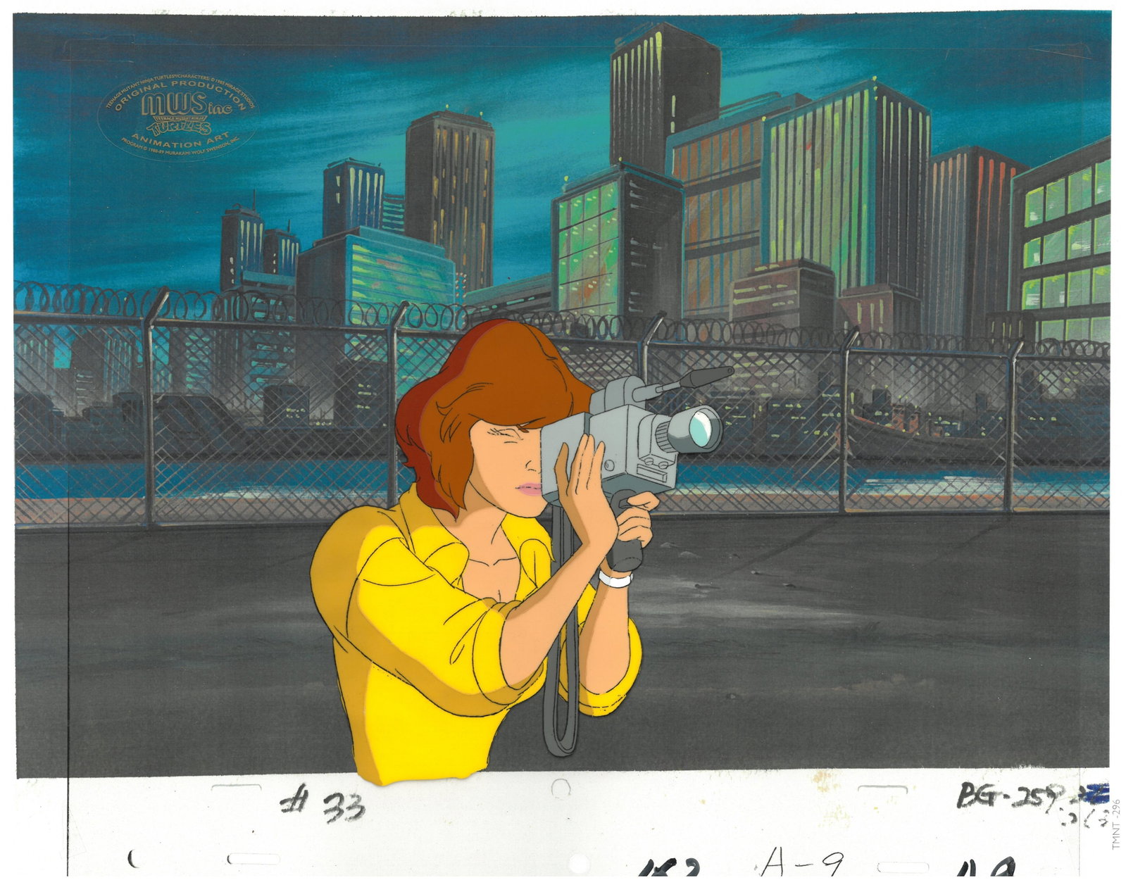 April of (TMNT) Turtles- Original Multi-Cel Production Set-Up/MWS Seal: An original Teenage Mutant Ninja Turtle Multi-Cel Production Set-Up with MWS Seal.This cel depicts a frame from a scene in a Teenage Mutant Ninja Turtles cartoon episode. This frame features April . I