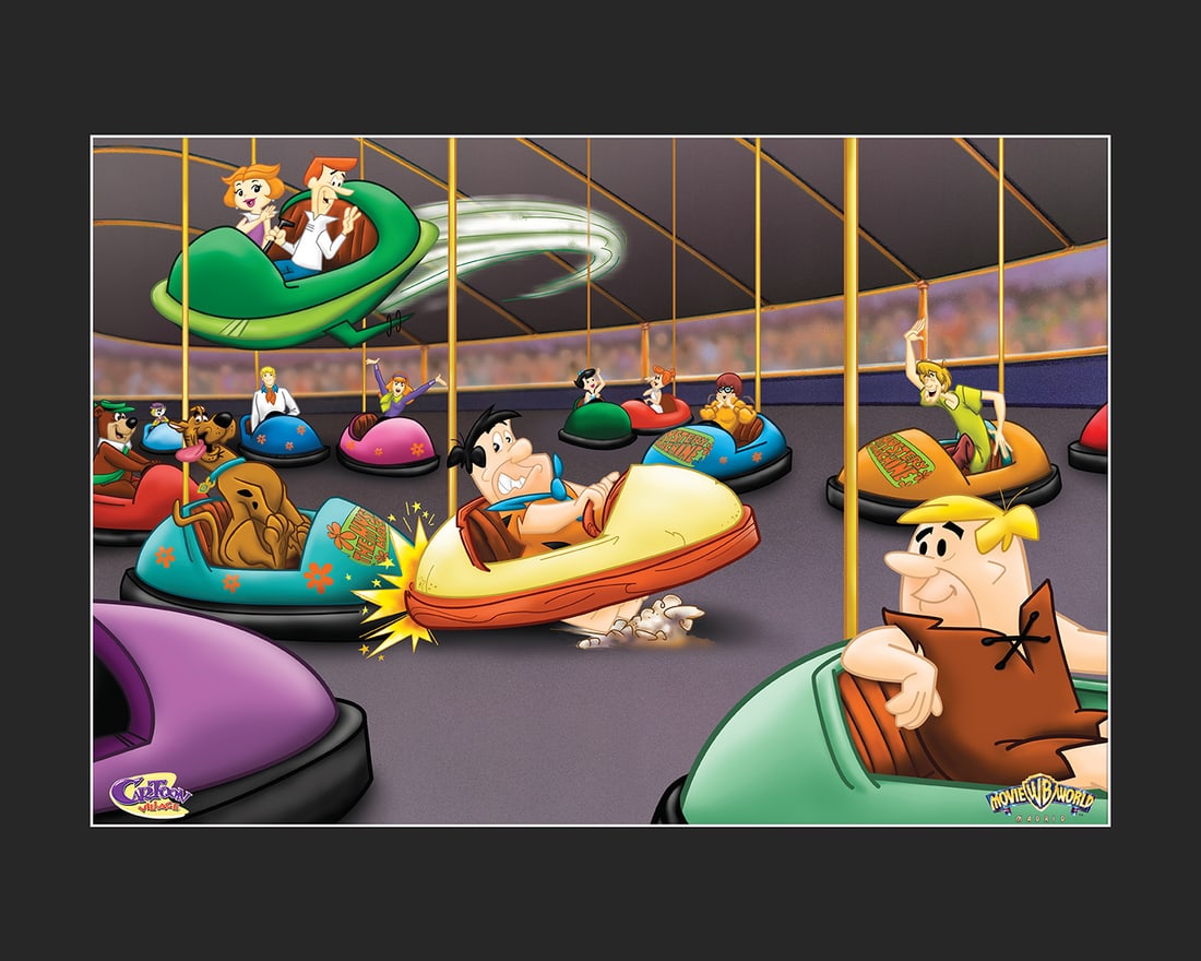 Bumper Cars -Scooby-Doo, Jetsons and the Flintstones -L.E. Lithograph: This Warner Bros. Fine Art Lithograph featuring the characters from Scooby-Doo, the Jetsons and the Flintstones is entitled " Bumper Cars ." These characters are having a spectacular time on the Bumpe
