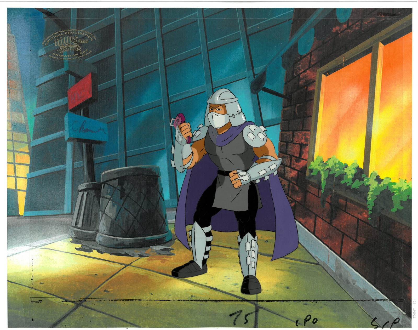 Shredder of (TMNT) Turtles- Original Production Cel with MWS Seal: An original Teenage Mutant Ninja Turtle production cel with MWS Seal. This cel depicts a frame from a scene in a Teenage Mutant Ninja Turtles cartoon episode. This frame features Shredder . Is produce