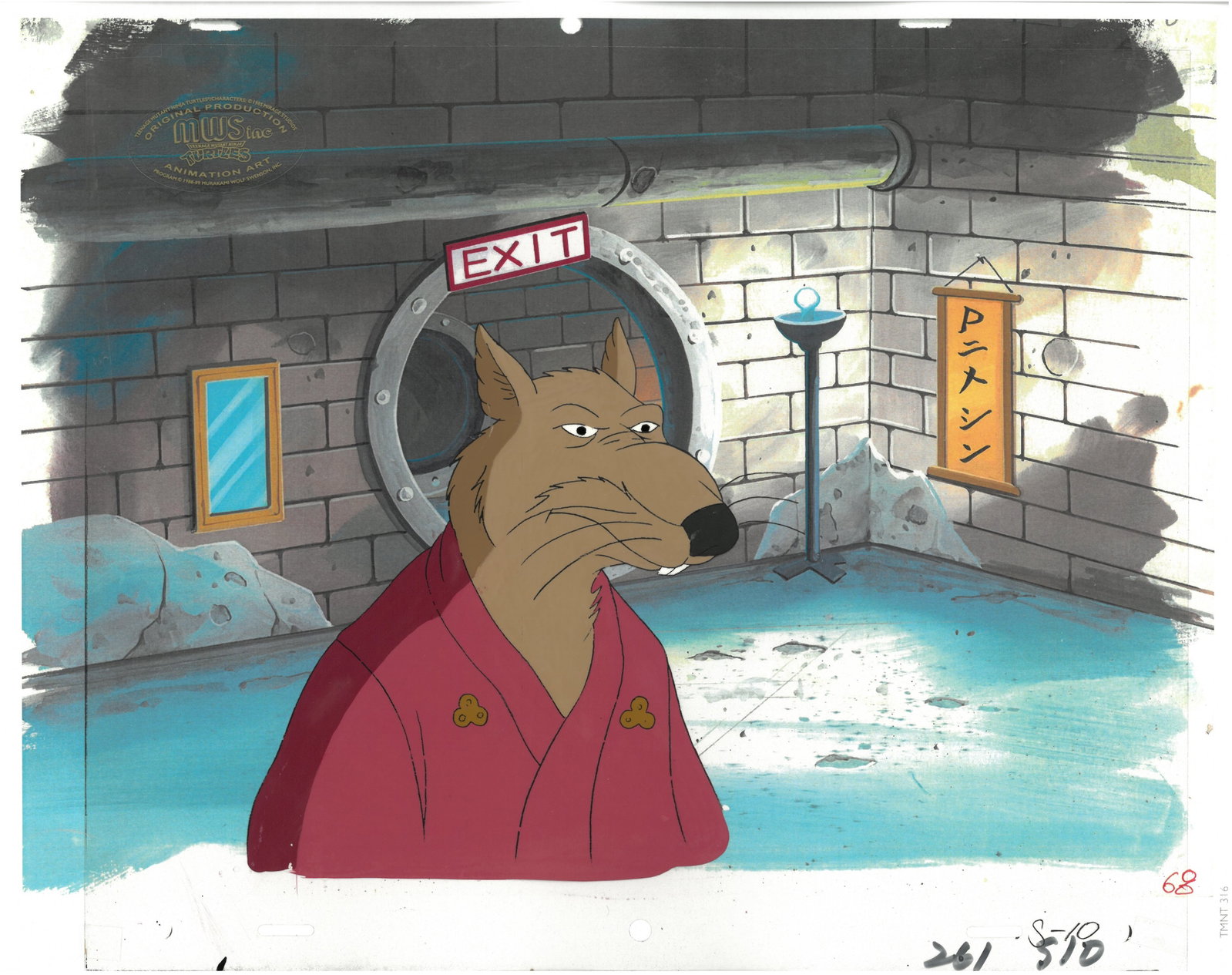 Splinter of (TMNT) Turtles- Original Production Cel/MWS Seal: An original Teenage Mutant Ninja Turtle multi-cel production set-up with MWS Seal. This cel depicts a frame from a scene in a Teenage Mutant Ninja Turtles cartoon episode. This frame features Splinter