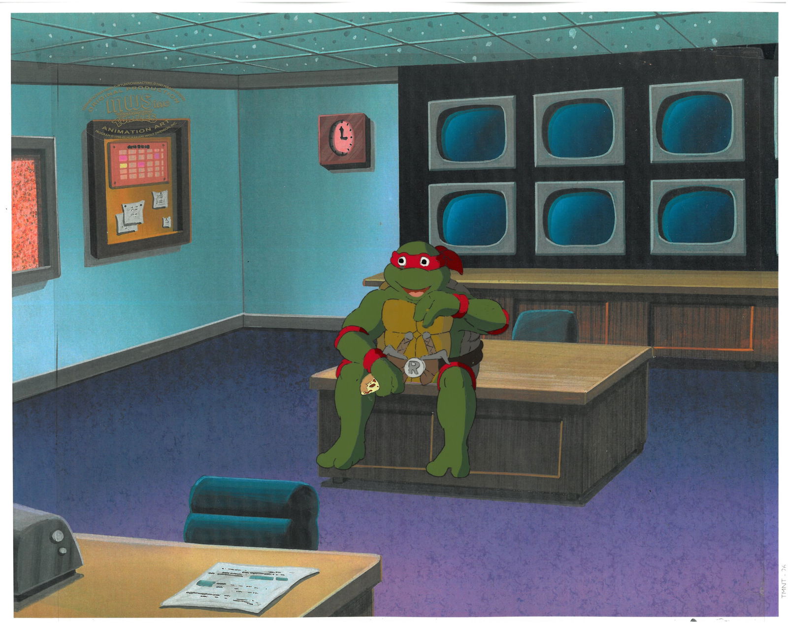 Raphael of (TMNT) Turtles- Original Production Cel/MWS Seal: An original Teenage Mutant Ninja Turtle production cel with MWS Seal. This drawing depicts a frame from a scene in a Teenage Mutant Ninja Turtles cartoon episode. This frame features Raphael . Is prod