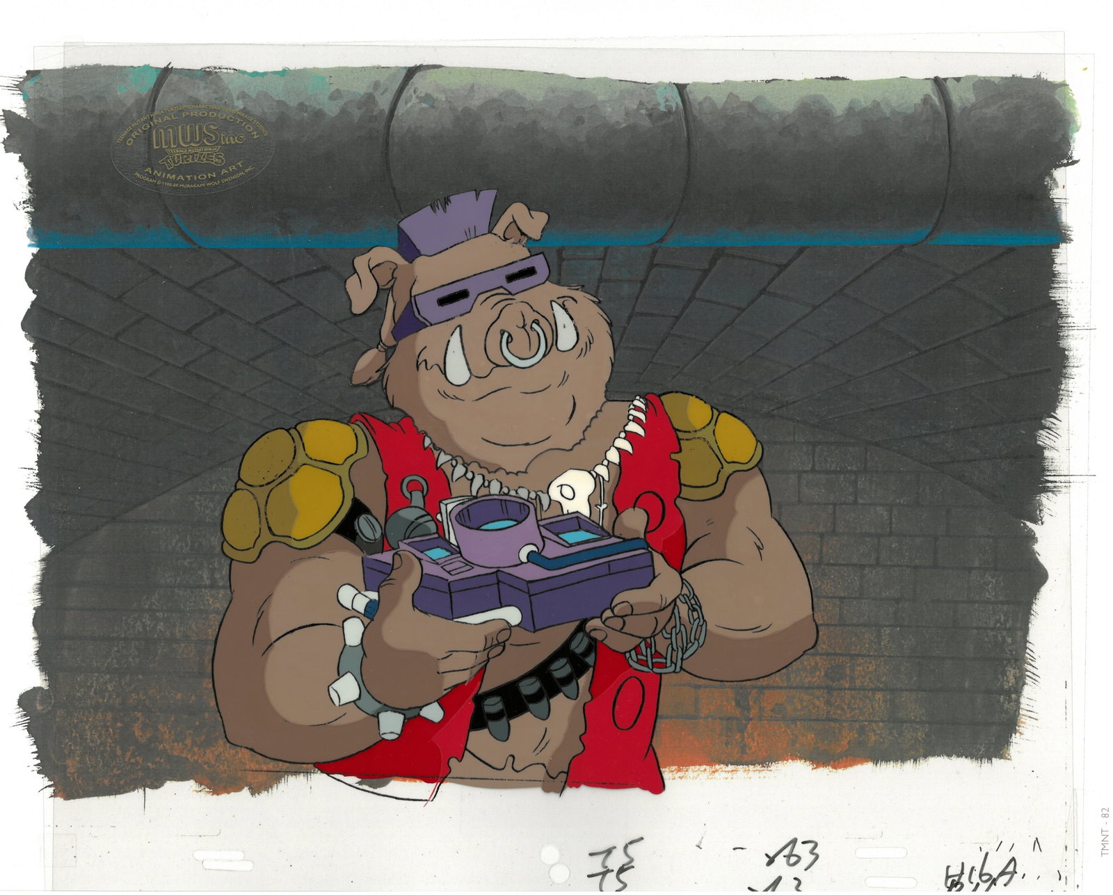 Bebop of (TMNT) Turtles- Original Production Cel with Official MWS Seal: An original Teenage Mutant Ninja Turtle production cel with MWS Seal. This cel depicts a frame from a scene in a Teenage Mutant Ninja Turtles cartoon episode. This frame features Bebop . Is produced b