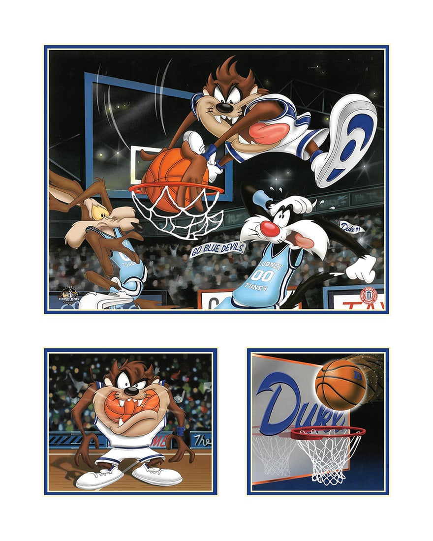 Duke L.E. Warner Bros. Basketball Lithograph: A limited edition Looney Tunes college basketball-themed offset lithograph features Looney Tunes characters as players for Duke University and an opposing team, with Taz flying through the air to dunk