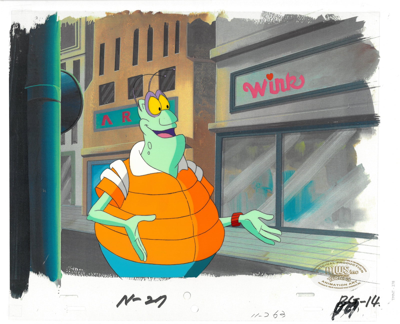 (TMNT) Turtles- Original Production Cel: An original Teenage Mutant Ninja Turtle production cel. This cel depicts a frame from a scene in a Teenage Mutant Ninja Turtles cartoon episode. Is produced by Murakami-Wolf-Swenson Studios, 1987. The