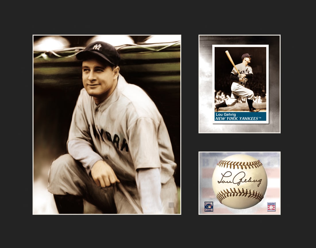 Lou Gehrig - Matted Limited Edition: This matted 11x14 lithograph features baseball great - Lou Gehrig. The large image is a pose of Gehrig, followed by and baseball card image and a facsimile signed baseball. Edition size - 5,000. Licen