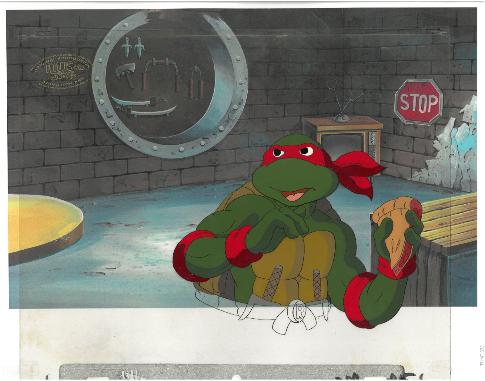 TMNT - Raphael - Original Production Cel with MWS Seal: An original Teenage Mutant Ninja Turtle production cel with MWS Seal. This cel depicts a frame from a scene in a Teenage Mutant Ninja Turtles cartoon episode. This frame features Raphael . Is produced
