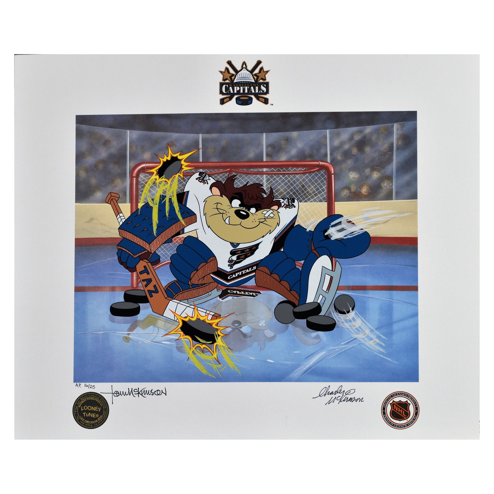 Washington Capitals/Warner Bros. Signed Lithoserigraph: A SIGNED Washington Capitals hockey themed Looney Tunes lithoserigraph entitled "Devil of a Save", created and signed by animators Tom and Charles McKimson . It depicts the Tasmanian Devil wearing goa