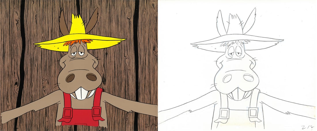 Hee-Haw Production Original Cel/Drawing- (1969-1971): An original production cel with matching drawing from the Television Show " Hee-Haw" 1969. Welcome to Hee Haw! Starring Roy Clark and Buck Owens , Country-themed comedy series that premiered on 6/15/6