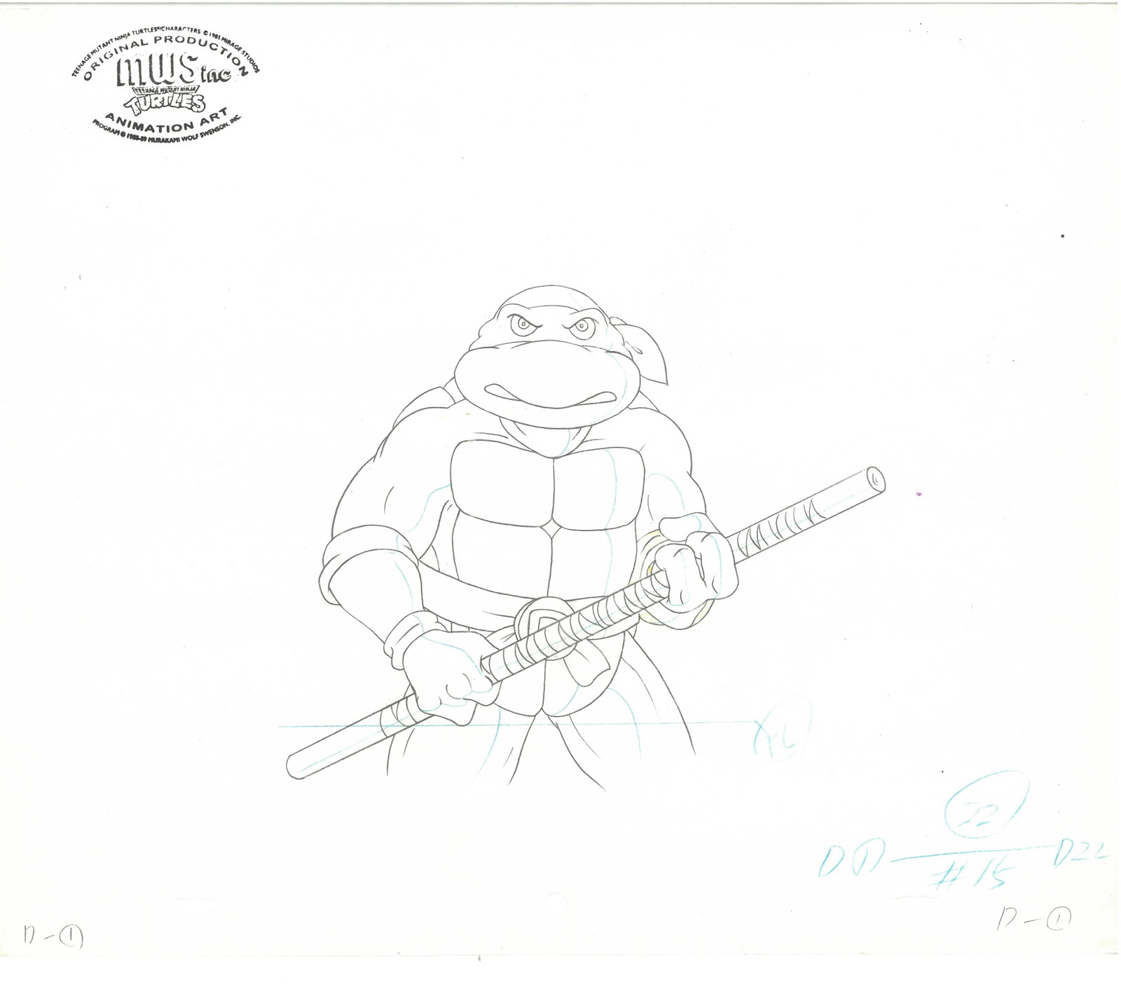 Donatello of (TMNT) Turtles- Original Production Drawing with Official MWS Seal: An original Teenage Mutant Ninja Turtle production drawing with MWS Seal. This drawing depicts a frame from a scene in a Teenage Mutant Ninja Turtles cartoon episode. This frame features Donatello . I