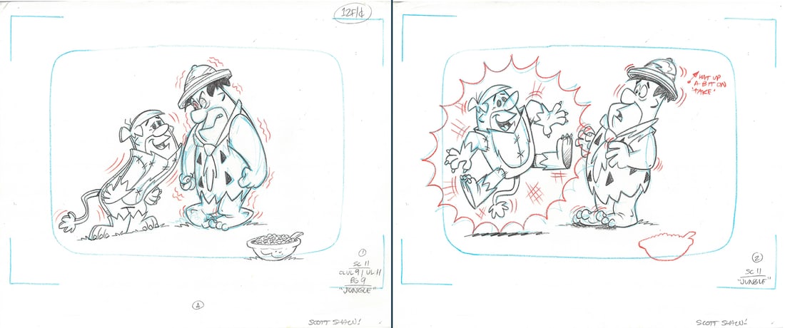 Flintstones -2 Signed Original Production Drawings: 2 original production drawings featuring Fred Flintstones & Barney Rubble. These were used in the Hanna-Barbera TV Commercials " Flintstones Fruity Pebbles ," episode Jungle which aired in the 1980's.