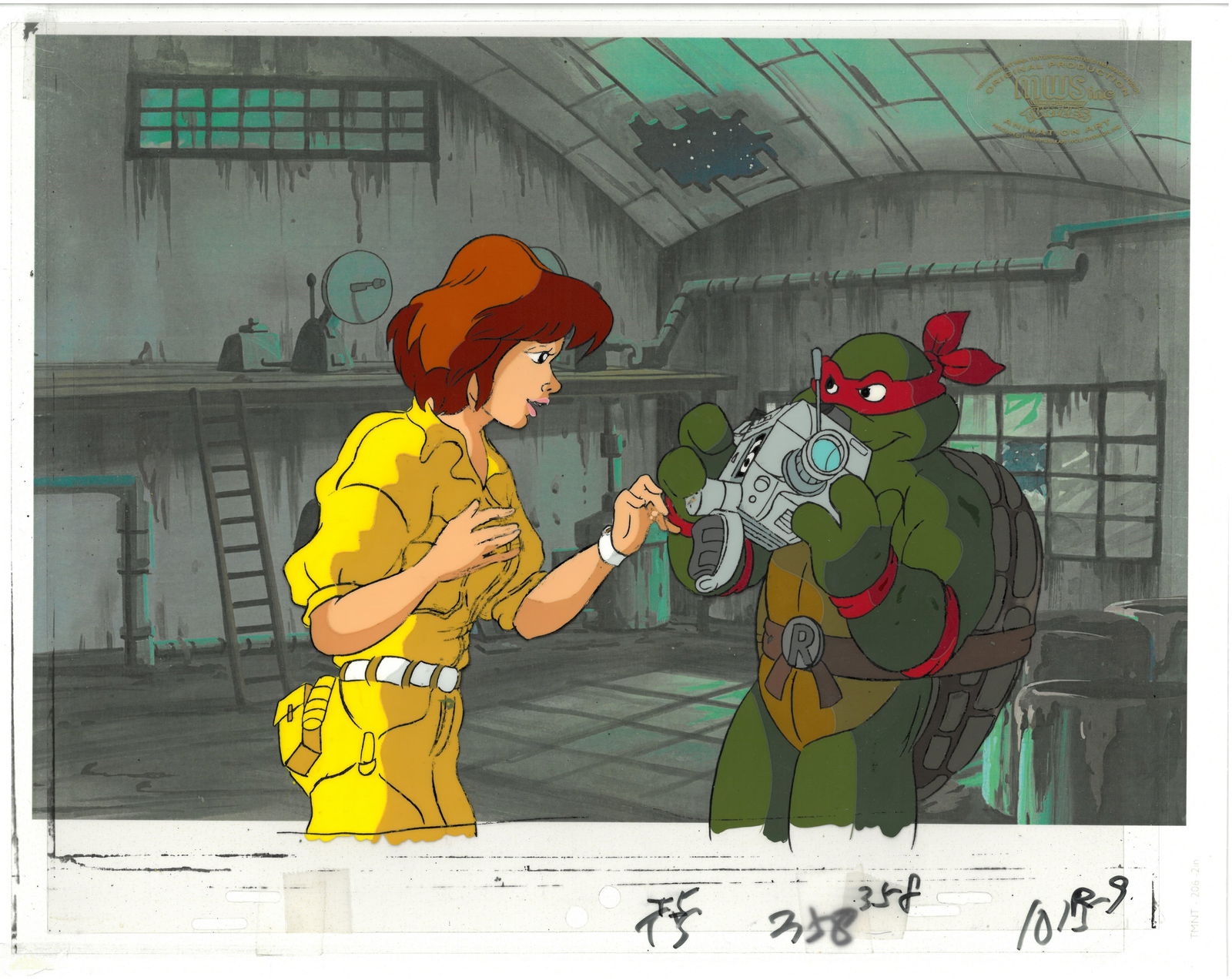 April & Raphael of (TMNT) Turtles- Original Production Cel with MWS Official Seal: An original Teenage Mutant Ninja Turtle production cel with official MWS Seal. This cel depicts a frame from a scene in a Teenage Mutant Ninja Turtles cartoon episode. This frame features April & Raph