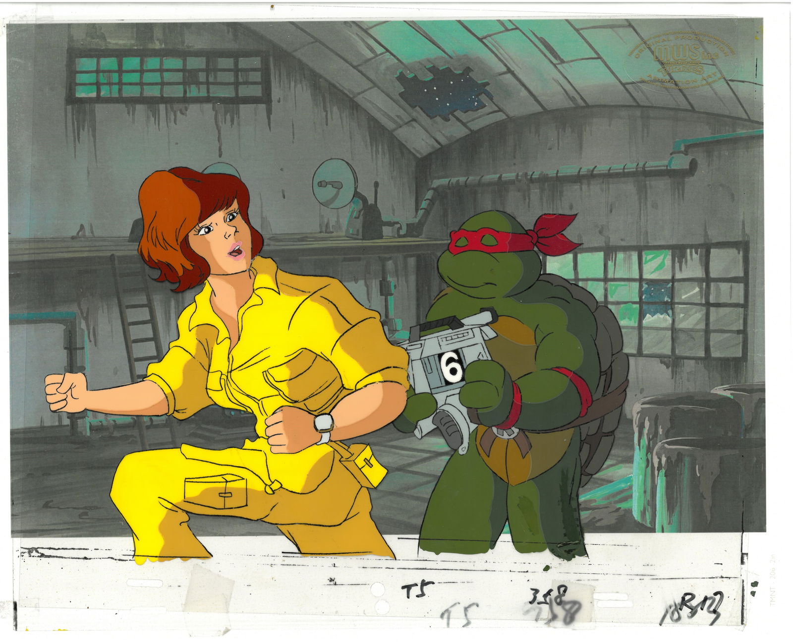 April & Raphaelof (TMNT) Turtles- Original Production Cel with MWS Seal: An original Teenage Mutant Ninja Turtle production cel with MWS Seal. This cel depicts a frame from a scene in a Teenage Mutant Ninja Turtles cartoon episode. This frame features April & Raphael. Is p