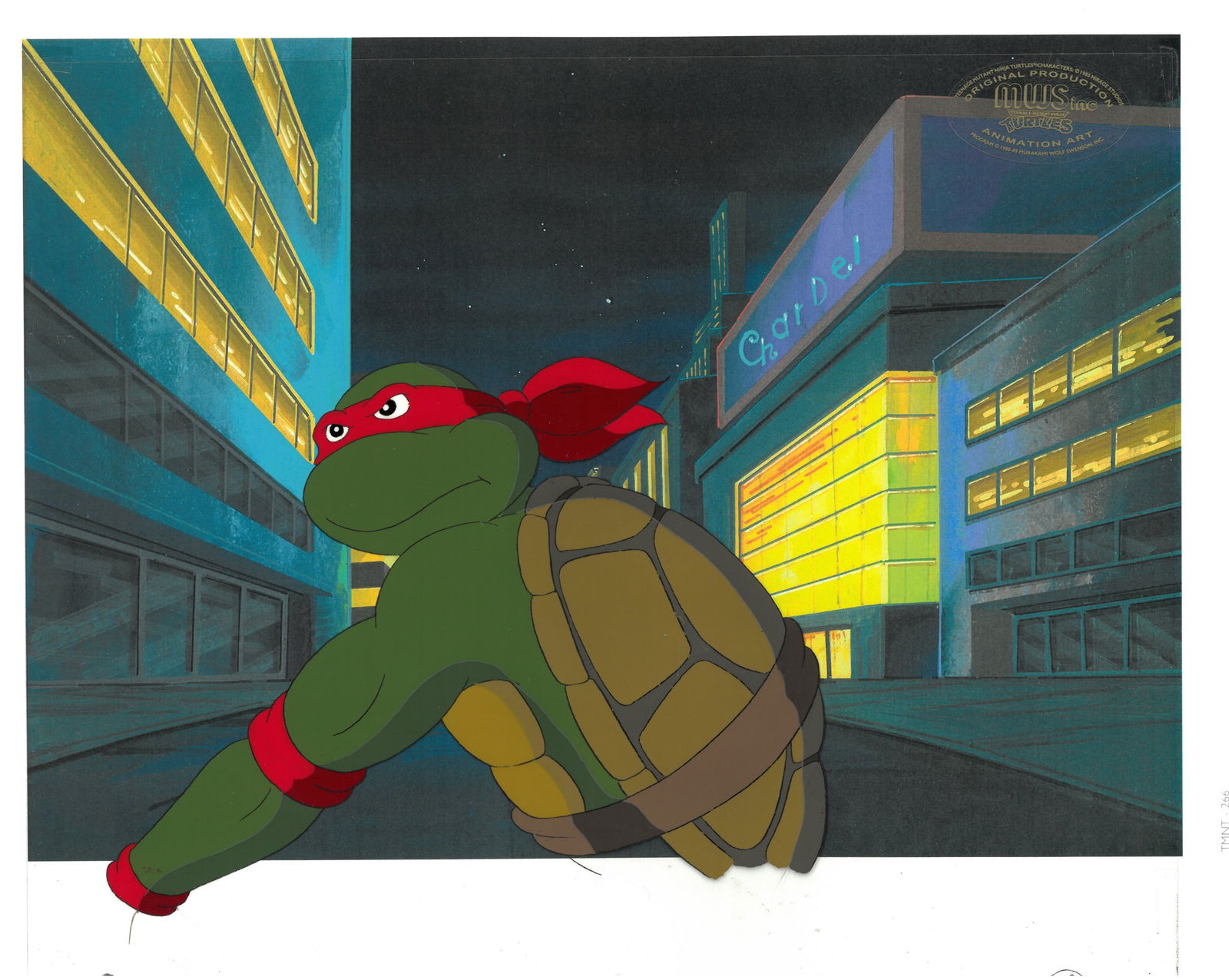 Raphael of (TMNT) Turtles- Original Production Cel/Drawing-MWS Seal: An original Teenage Mutant Ninja Turtle production cel with matching drawing & MWS seal. This cel depicts a frame from a scene in a Teenage Mutant Ninja Turtles cartoon episode. This frame features Ra