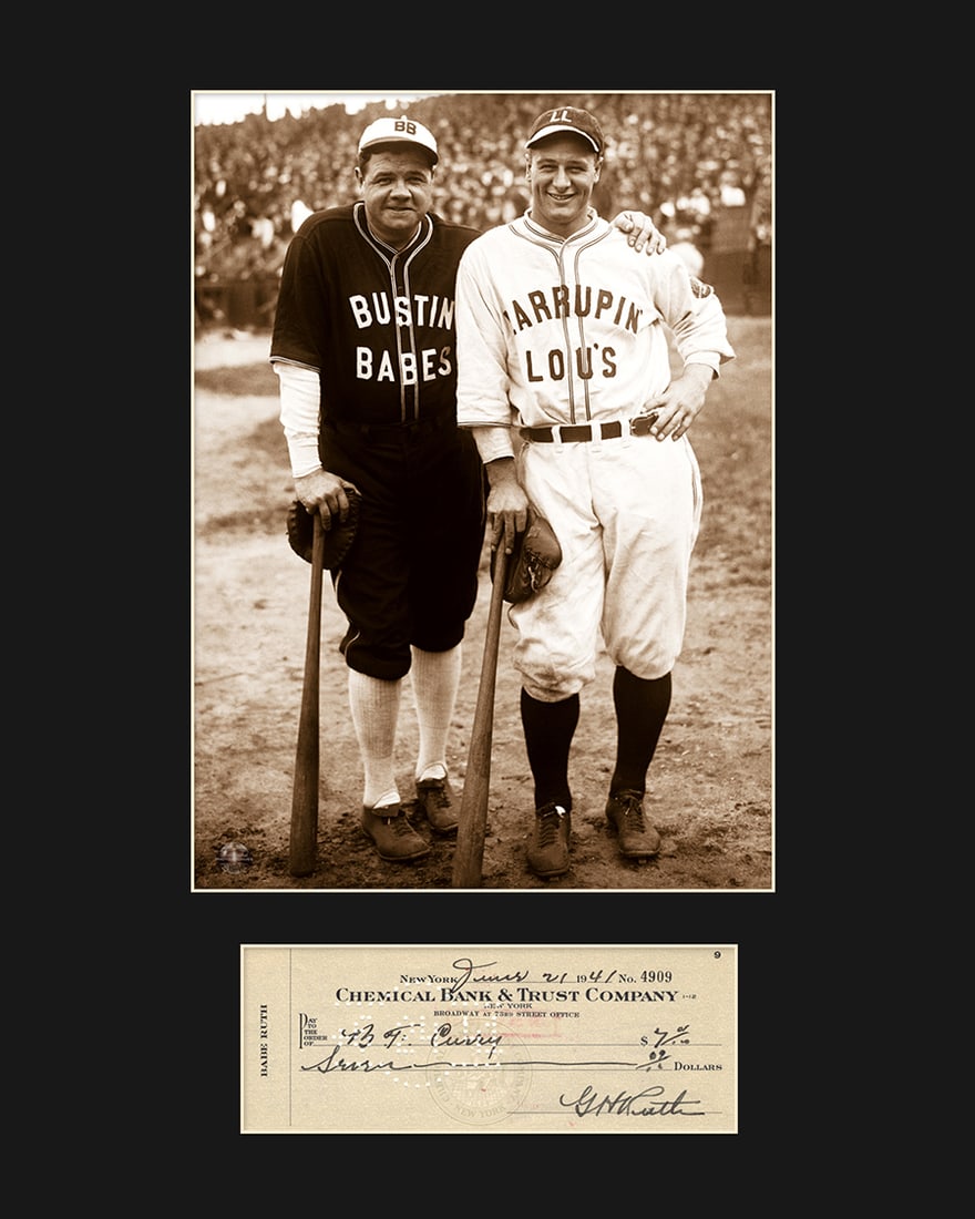 Babe Ruth and Lou Gehrig - Matted with Reproduction Check: A matted fuji crystal photograph entitled “ Bustin’ Babes .” This original photograph of Babe Ruth and Lou Gehrig was taken on October 13, 1927, during their Japan baseball tour. Also featur