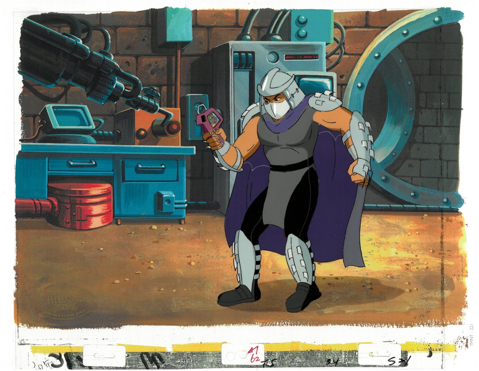 Shredder of (TMNT) Turtles- Original Production Cel with MWS Seal: An original Teenage Mutant Ninja Turtle Production Cel with MWS Seal. This cel depicts a frame from a scene in a Teenage Mutant Ninja Turtles cartoon episode. This frame features Shredder . Is produce