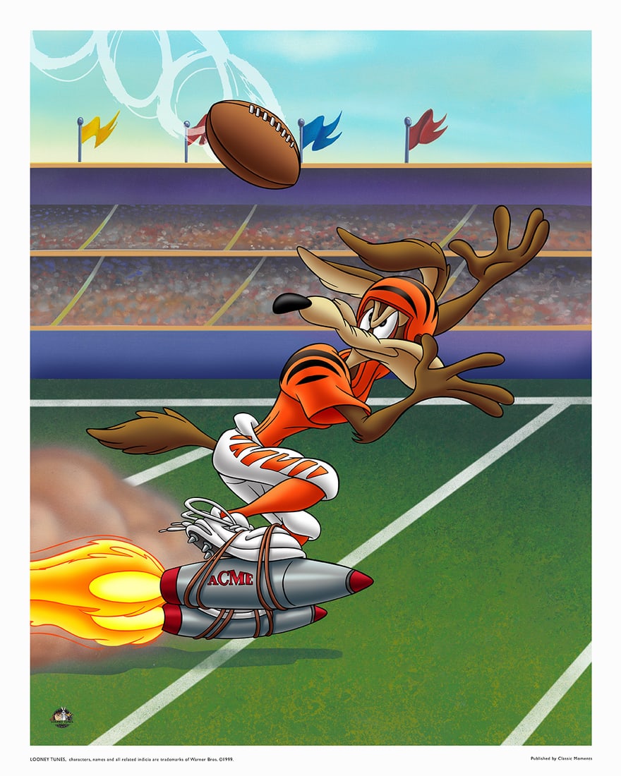 Cincinnati Bengals and Bugs Bunny -Warner Bros. Litho: A Warner Bros. lithograph entitiled " Hail Mary " featuring Bugs Bunny as the Cincinnati Bengals Quarterback throw a deep. Licensed. Comes with a certificate of authenticity. 16x20