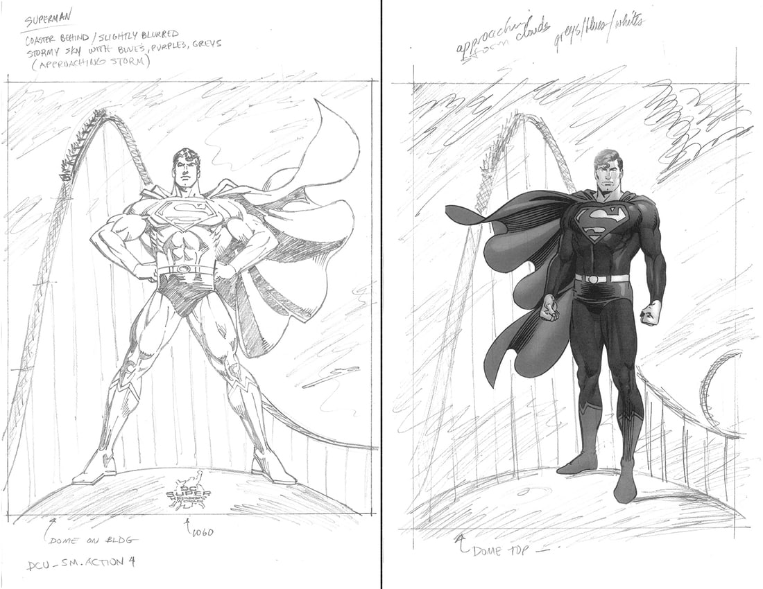Superman -2 Prototype Drawings - Madrid Theme Park: 2 Superman protoype drawings created for a lithograph featuring the rollercoaster at the Madrid Theme Park. Measures 11x17