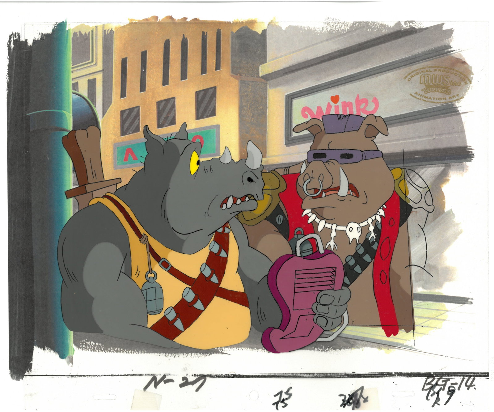 Rocksteady & Bebop of (TMNT) Turtles- Original Production Cel/MWS Seal: An original Teenage Mutant Ninja Turtle production cel with MWS Seal. This drawing depicts a frame from a scene in a Teenage Mutant Ninja Turtles cartoon episode. This frame features Rocksteady & Bebo