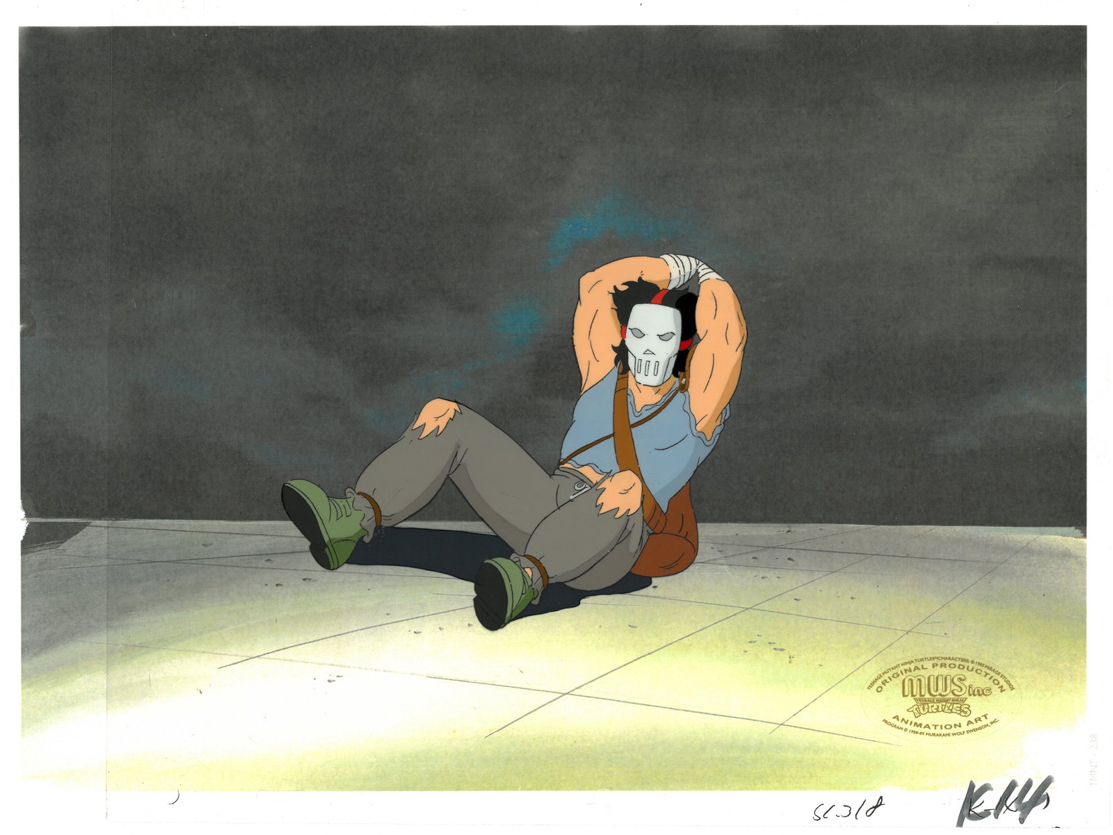 Casey Jones of (TMNT) Turtles- Original Production Cel/Matching Drawing with Official MWS Seal: An original Teenage Mutant Ninja Turtle production cel with matching drawing and MWS Seal. This cel depicts a frame from a scene in a Teenage Mutant Ninja Turtles cartoon episode. This frame features 