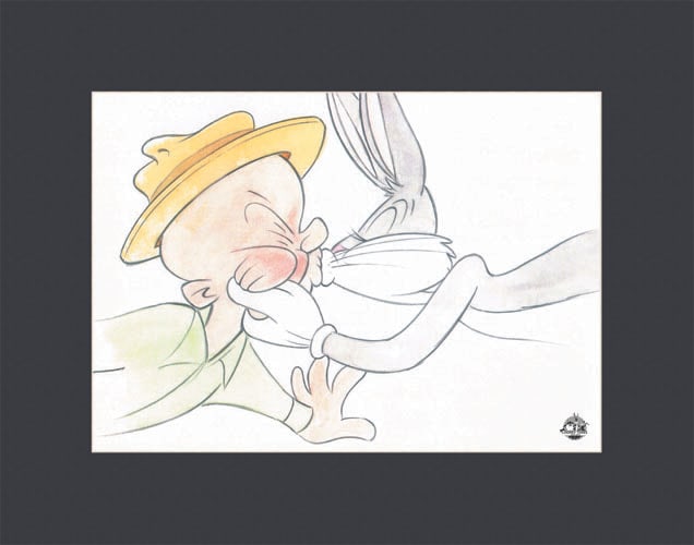 Bugs Kissing Elmer - L.E. Water Color Lithograph Matted: This 11x14 limited edition water color lithograph, licensed by Warner Bros. features Bugs Bunny giving Elmer Fudd a big smooth! COA Edition Size - 100 Presented Matted The edition number shown in the 