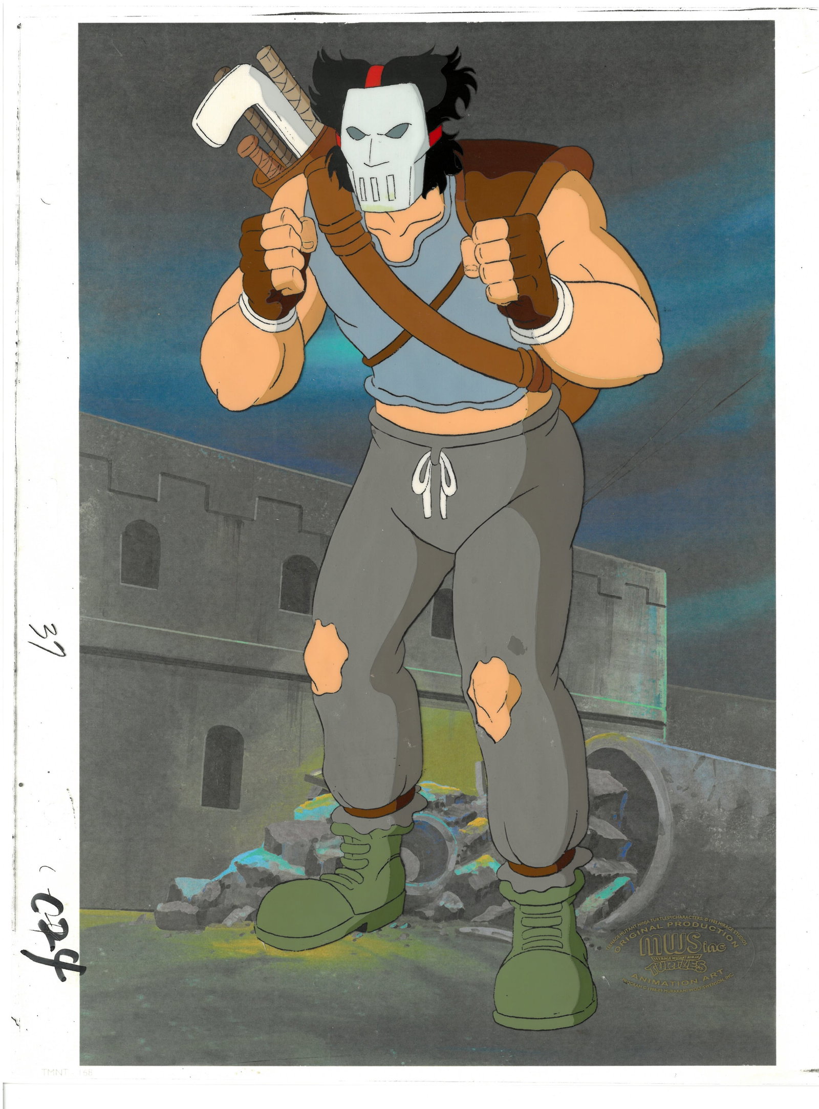 TMNT - Casey Jones - Original Production Cel with MWS Seal: An original Teenage Mutant Ninja Turtle production cel with MWS Seal. This cel depicts a frame from a scene in a Teenage Mutant Ninja Turtles cartoon episode. This frame features Casey Jones . Is prod