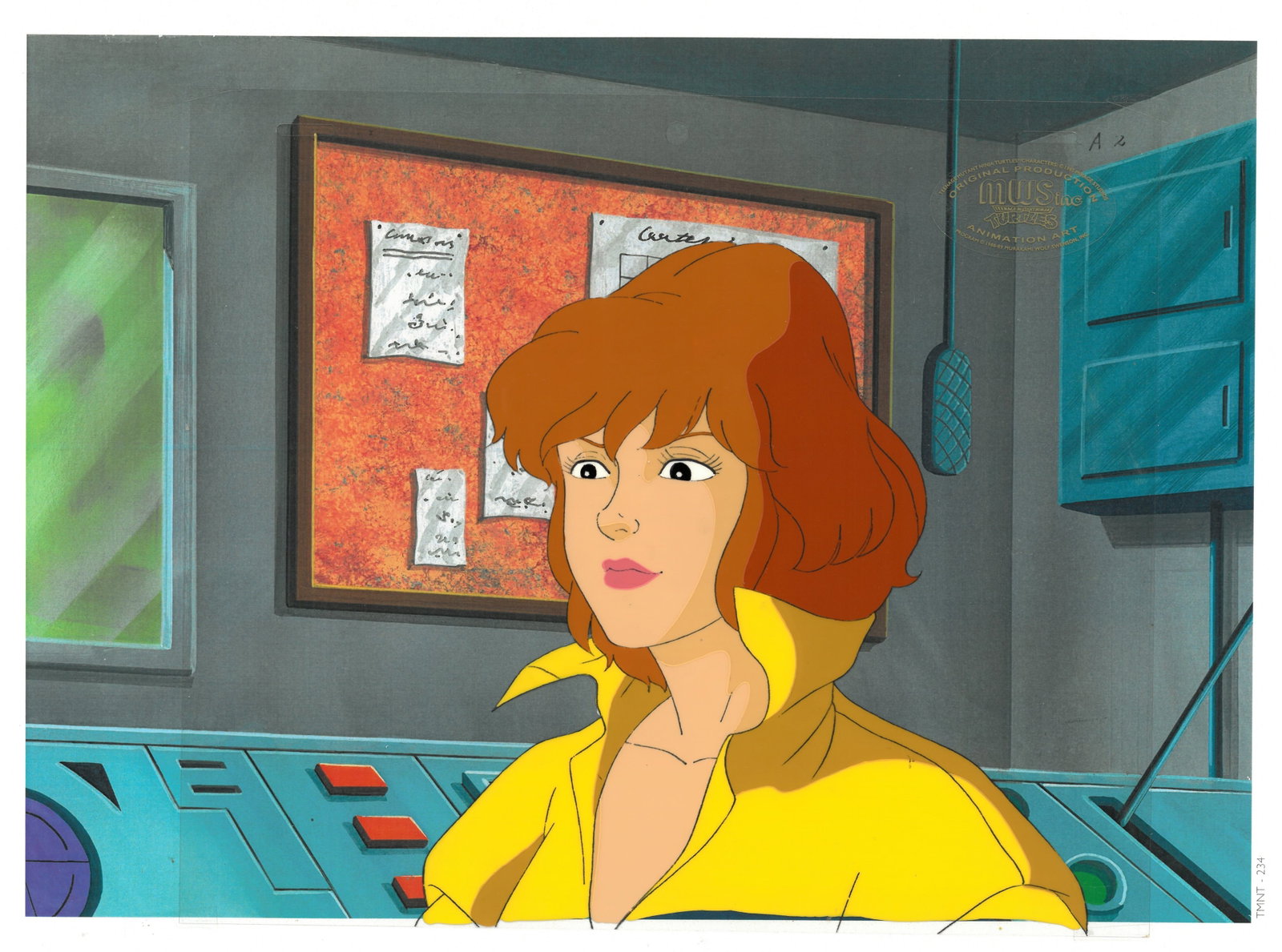 April of (TMNT) Turtles- Original Production Cel with MWS Seal: An original Teenage Mutant Ninja Turtle production cel with MWS Seal. This cel depicts a frame from a scene in a Teenage Mutant Ninja Turtles cartoon episode. This frame features April . Is produced b