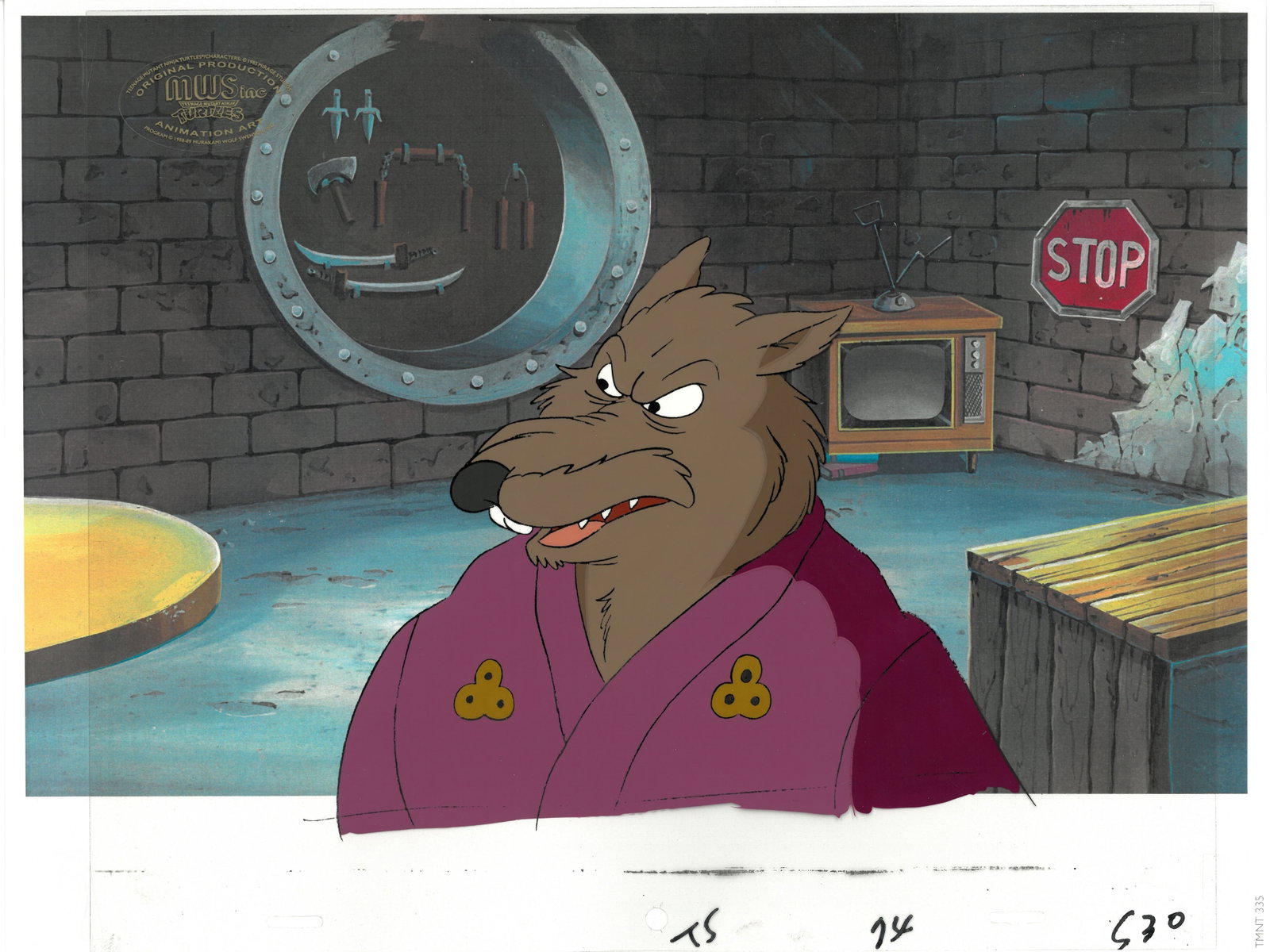Splinter of (TMNT) Turtles- Original Production Cel-MWS Seal: A hand-painted Teenage Mutant Ninja Turtle production cel with the MWS Seal. This cel features Splinter and was produced by Murakami-Wolf-Swenson Studios, 1987. The background is acolor reproduction p