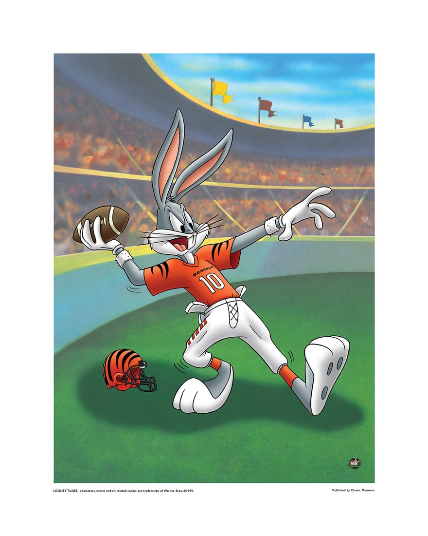 Cincinnati Bengals and Wile E. Coyote -Warner Bros. Litho: A Warner Bros. lithograph entitiled " Bomb Away " featuring Wile E. Coyote as a Cincinnati Bengals receiver ready to catch the football. Licensed. Comes with a certificate of authenticity. 16x20