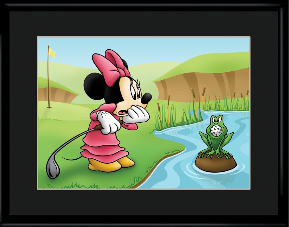Minnie Mouse - Ball Retrieval - Fine Art Lithograph: "Ball Retrieval" is a 11x14 fine art lithograph featuring Minnie Mouse playing golf. Presented Framed. The edition number shown in the image may not be the number you receive.