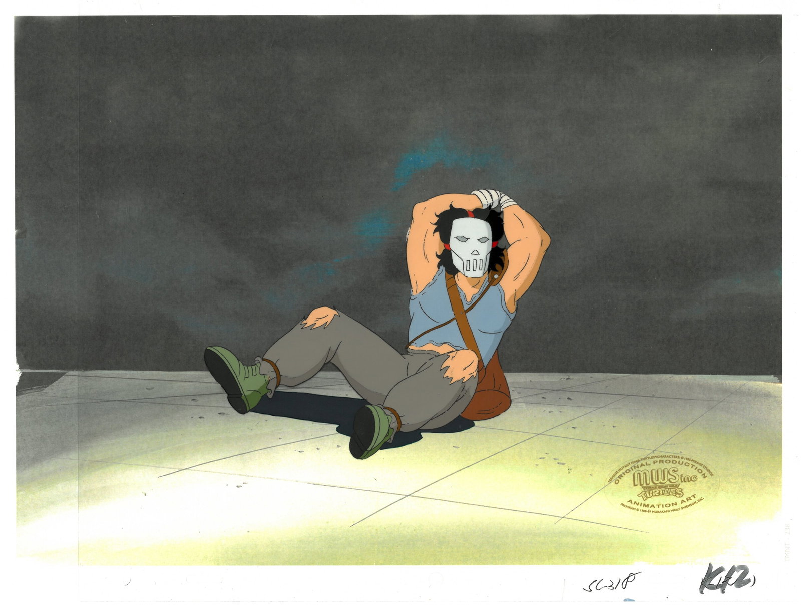 Casey Jones of (TMNT) Turtles- Original Production Cel/Matching Drawing with Official MWS Seal: An original Teenage Mutant Ninja Turtle production cel with matching drawing and MWS Seal. This cel depicts a frame from a scene in a Teenage Mutant Ninja Turtles cartoon episode. This frame features 