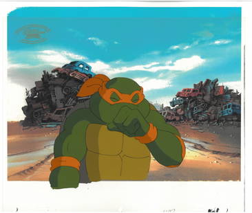 TMNT -Michelangelo, Raphael, Leonardo- Original Production Cel with Official MWS Seal: An original Teenage Mutant Ninja Turtle production cel with MWS Seal. This cel depicts a frame from a scene in a Teenage Mutant Ninja Turtles cartoon episode. This frame features Michelangelo, Leonard