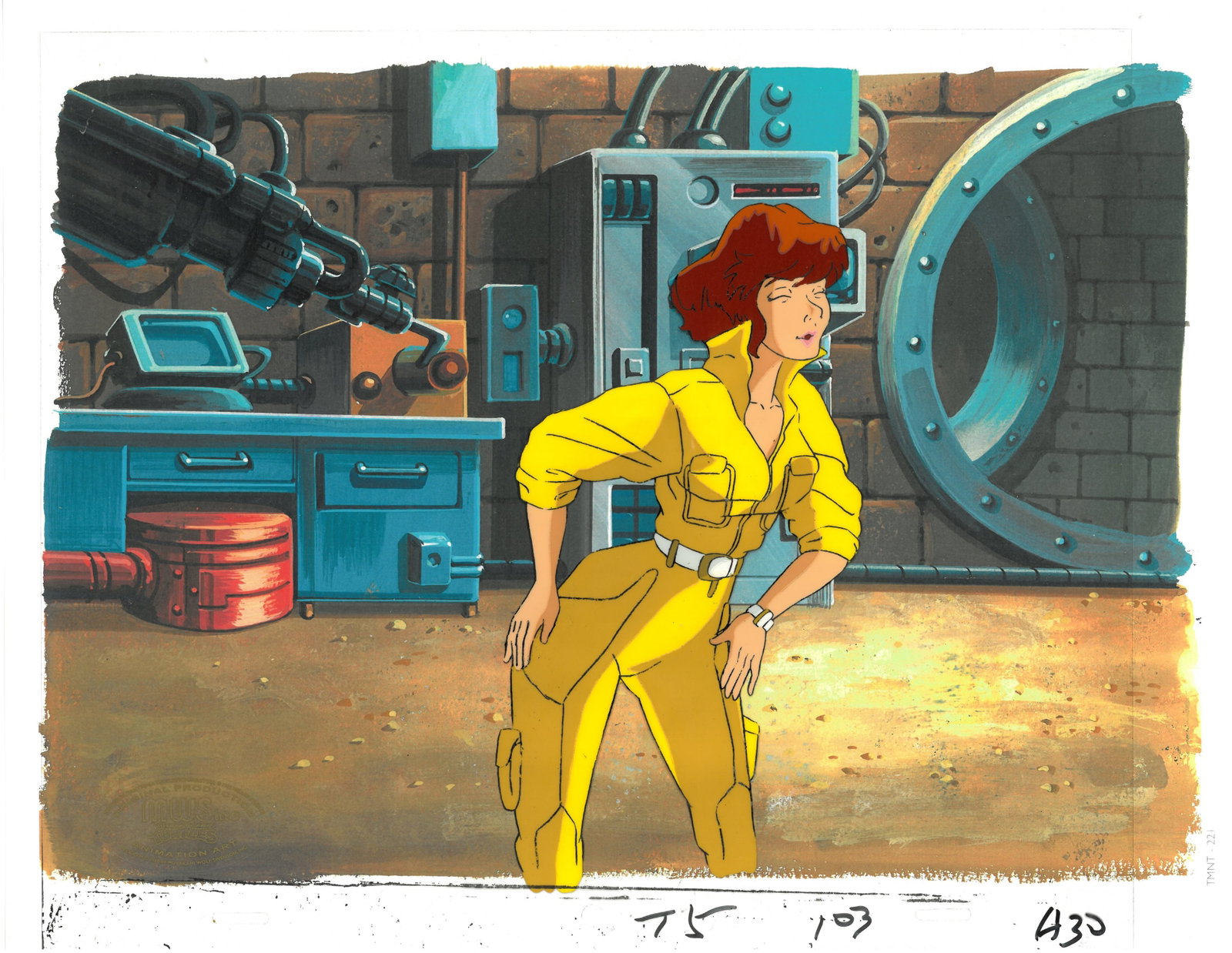 April (TMNT) Turtles- Original Production Cel-MWS Seal: An original Teenage Mutant Ninja Turtle Production Cel with the MWS Seal. This cel depicts a frame from a scene in a Teenage Mutant Ninja Turtles cartoon episode. This frame features April . Is produc