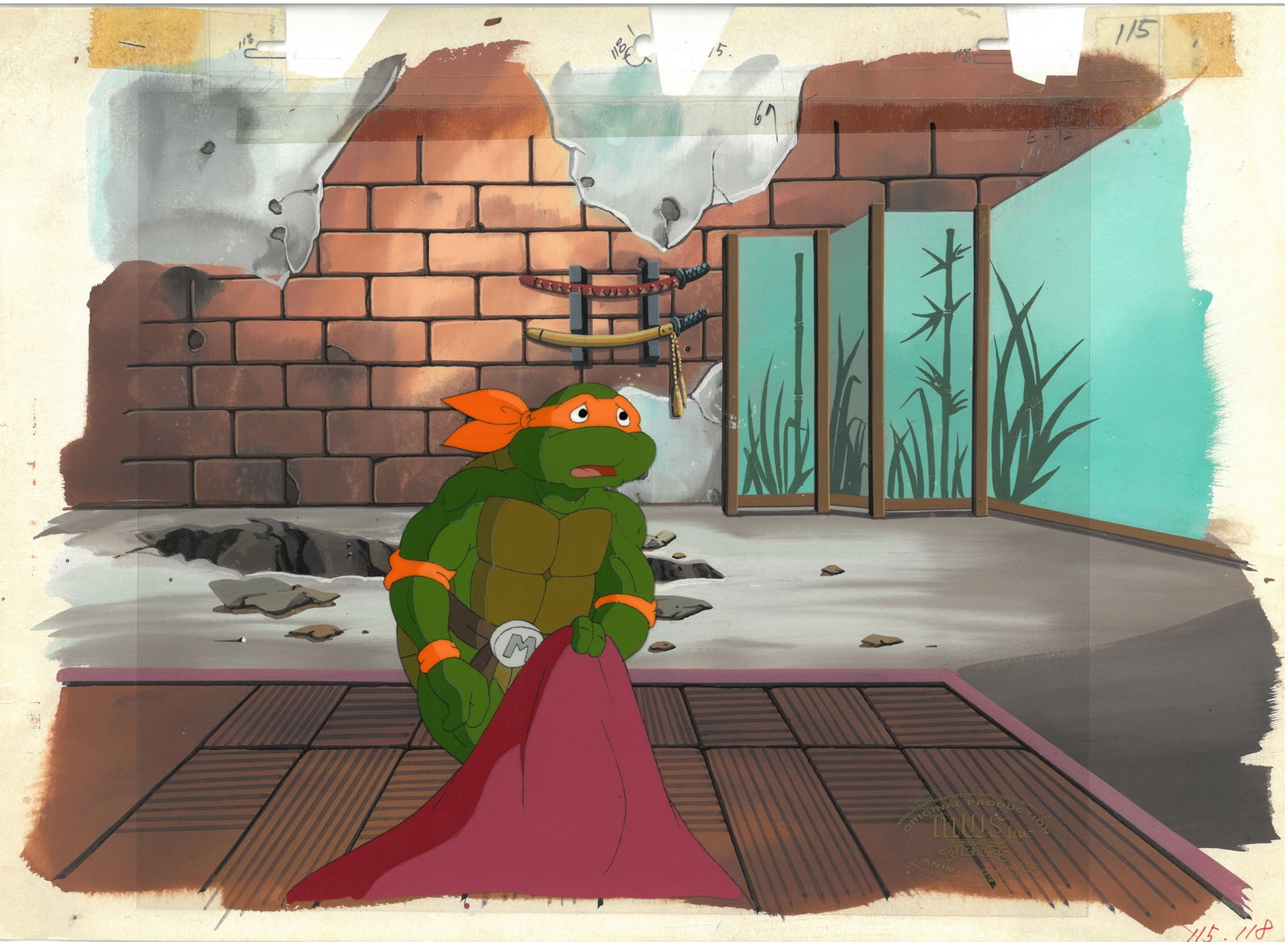 Michelangelo of (TMNT-1987) Turtles- Original Production Cel with Master Hand-Painted Background and (1 of 1)