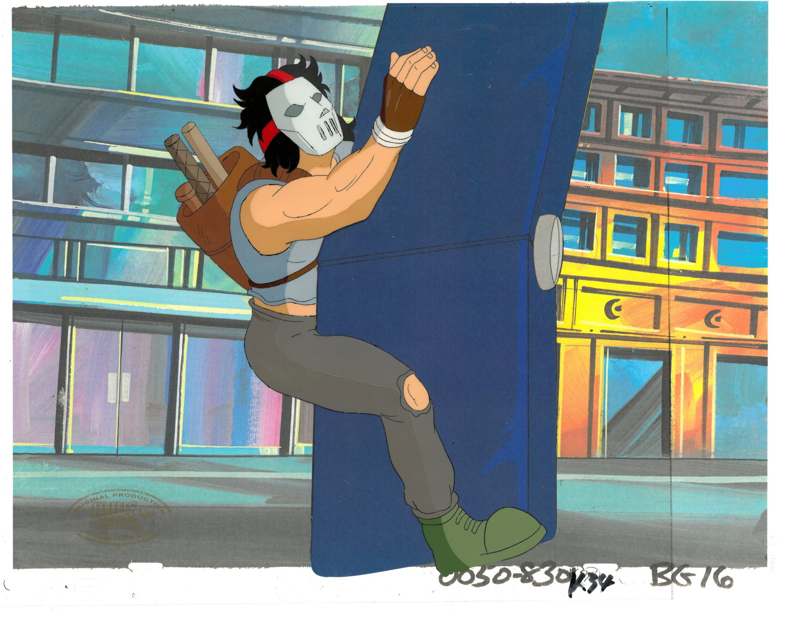 TMNT -Casey Jones of (TMNT) Turtles- Original Production Cel- MWS Seal: An original Teenage Mutant Ninja Turtle Production Cel with MWS Seal. This cel depicts a frame from a scene in a Teenage Mutant Ninja Turtles cartoon episode. This frame features Casey Jones . Is prod