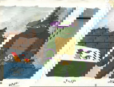 TMNT -MASTER hand-Painted Background with Original Production Cel/MWS Seal-Donatello