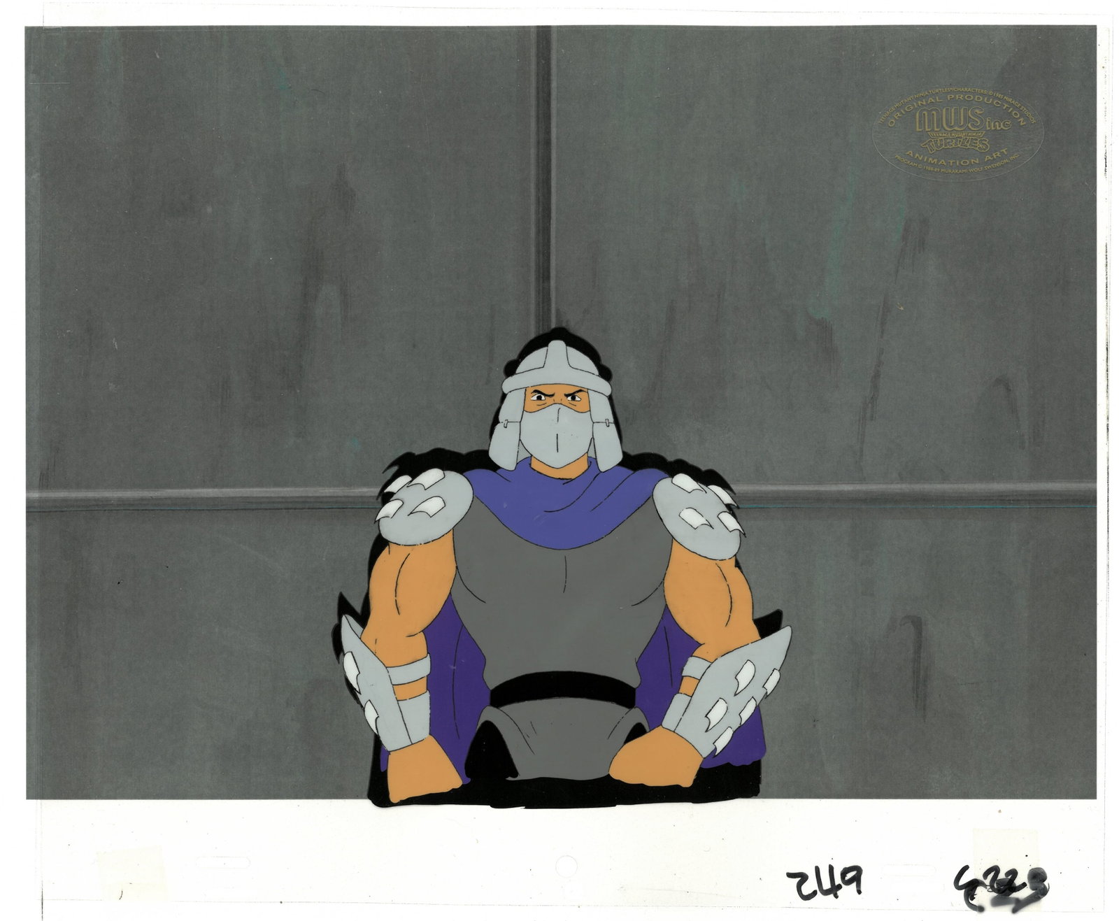 Shredder of (TMNT) Turtles- Original Production Cel with MWS Seal: An original Teenage Mutant Ninja Turtle Production Cel with MWS Seal. This cel depicts a frame from a scene in a Teenage Mutant Ninja Turtles cartoon episode. This frame features Shredder . Is produce