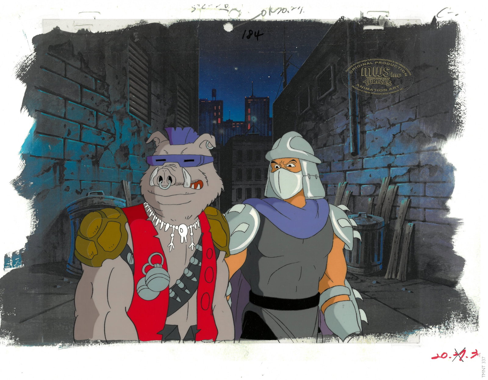 Shredder and Bebop of (TMNT) Turtles- Original Multi-Cel Production Set-Up with MWS Seal: An original Teenage Mutant Ninja Turtle Multi-Cel Production Set-Up with MWS Seal. This cel depicts a frame from a scene in a Teenage Mutant Ninja Turtles cartoon episode. This frame features Shredder