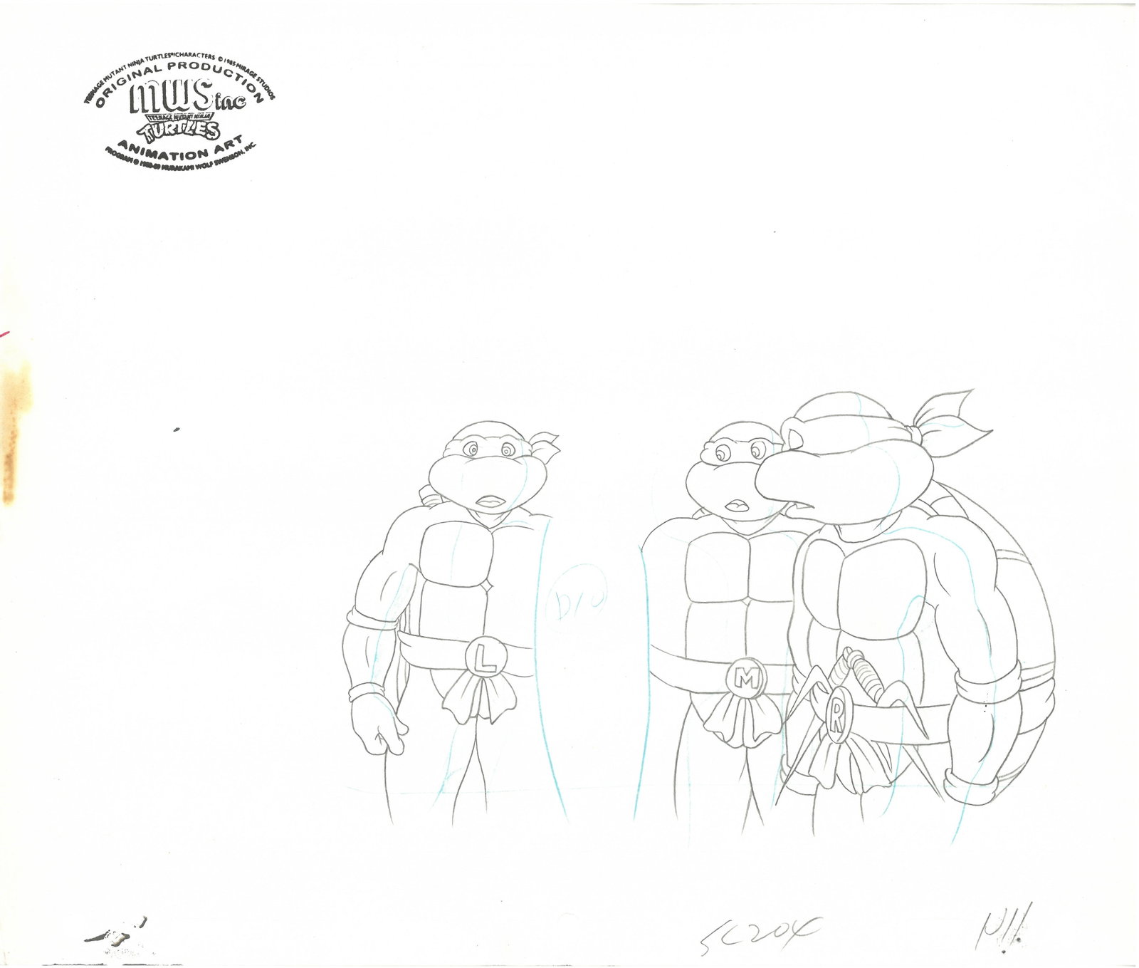 2(TMNT) Turtles- Original Production Drawings with MWS Seal: Two original Teenage Mutant Ninja Turtle Production Drawings with MWS Seals. These drawings depict frames from scenes in a Teenage Mutant Ninja Turtles cartoon episode. These frames feature Michelange