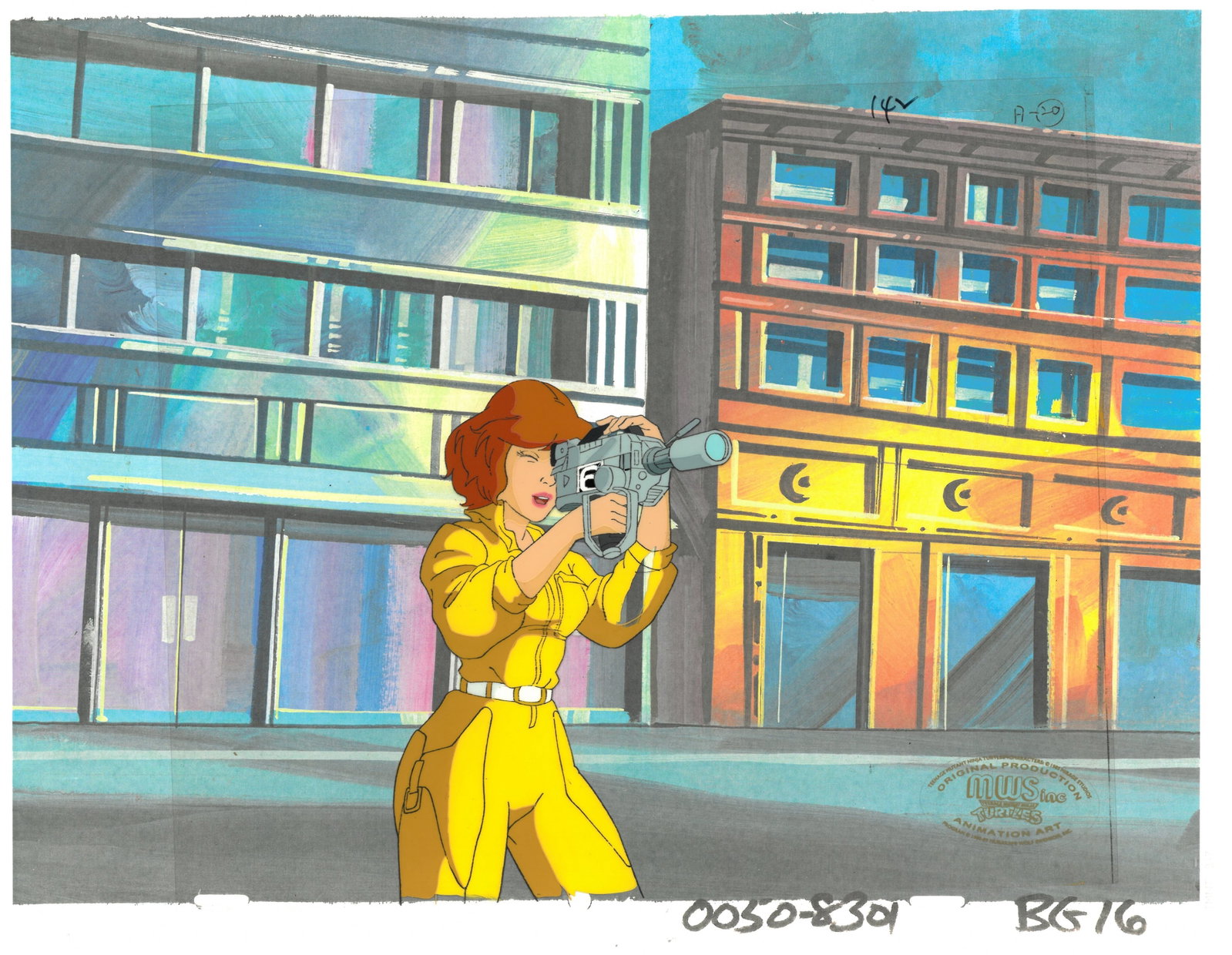 April of (TMNT) Turtles- Original Production Cel with MWS Seal: An original Teenage Mutant Ninja Turtle Production with the official MWS Seal. This cel depicts a frame from a scene in a Teenage Mutant Ninja Turtles cartoon episode. This frame features April . Is p