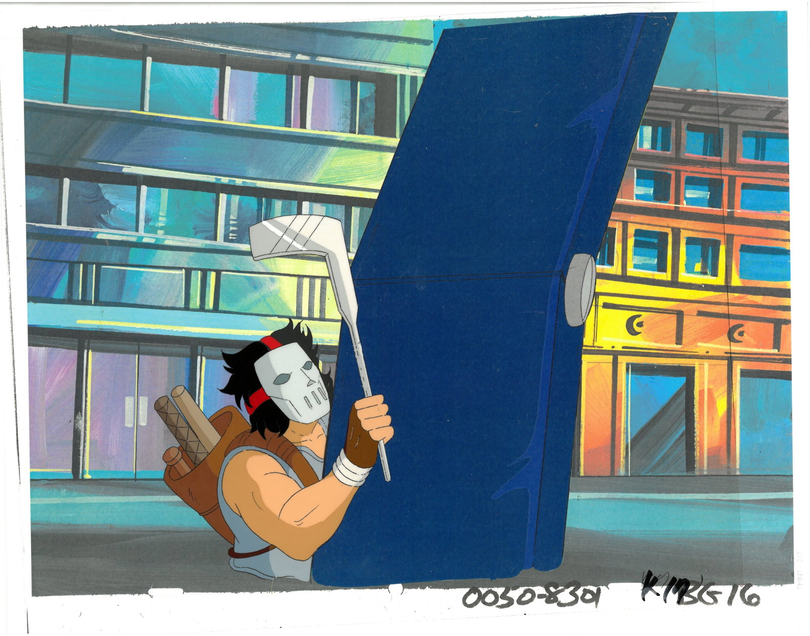 Casey Jones of (TMNT) Turtles- Original Production Cel with MWS Seal: An original Teenage Mutant Ninja Turtle Production Cel with MWS Seal. This cel depicts a frame from a scene in a Teenage Mutant Ninja Turtles cartoon episode. This frame features Casey Jones . Is prod