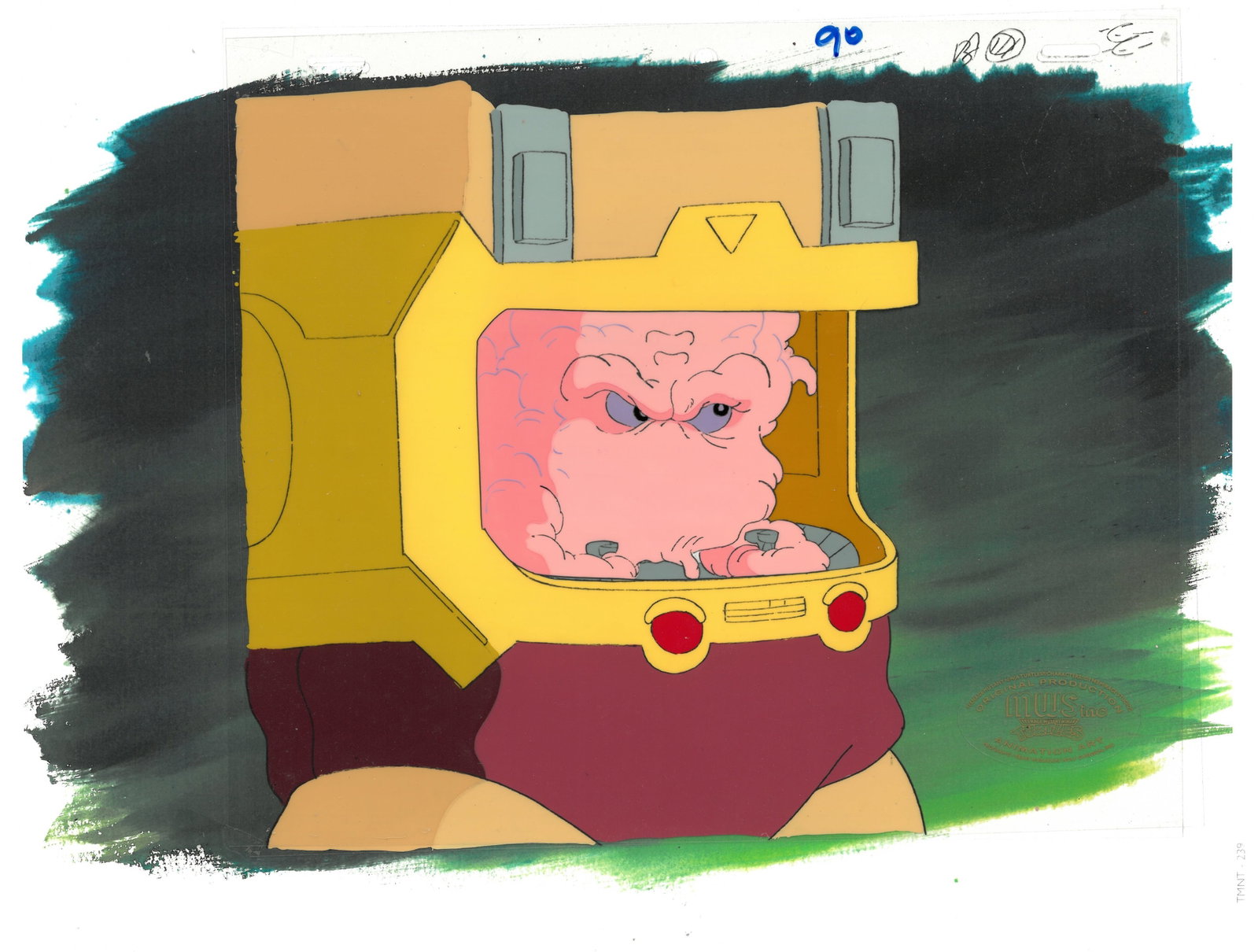 Krnag of (TMNT) Turtles- Original Multi-Cel Production Setup with Official MWS Seal: An original Teenage Mutant Ninja Turtle multi-cel production setup with official MWS Seal. This cel depicts a frame from a scene in a Teenage Mutant Ninja Turtles cartoon episode. This frame features 