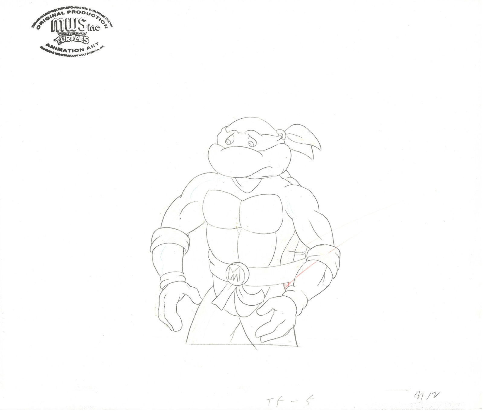 2 (TMNT) Turtles- Original Production Drawings with MWS Seal-Michelangelo, Donatello: 2 original Teenage Mutant Ninja Turtle Production Drawings with MWS Seals. These drawings depicts frames from a scene in a Teenage Mutant Ninja Turtles cartoon episode. These frame feature Michelangel