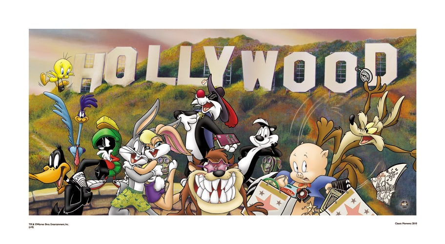 Looney Tunes Go To Hollywood - Fine Art Lithograph: This Fine Art lithograph is entitled " Toons Go To Hollywood ” and is limited to 5,000 hand-numbered pieces. This image features the Looney Tunes cast posing in front of the famous Hollywood sig